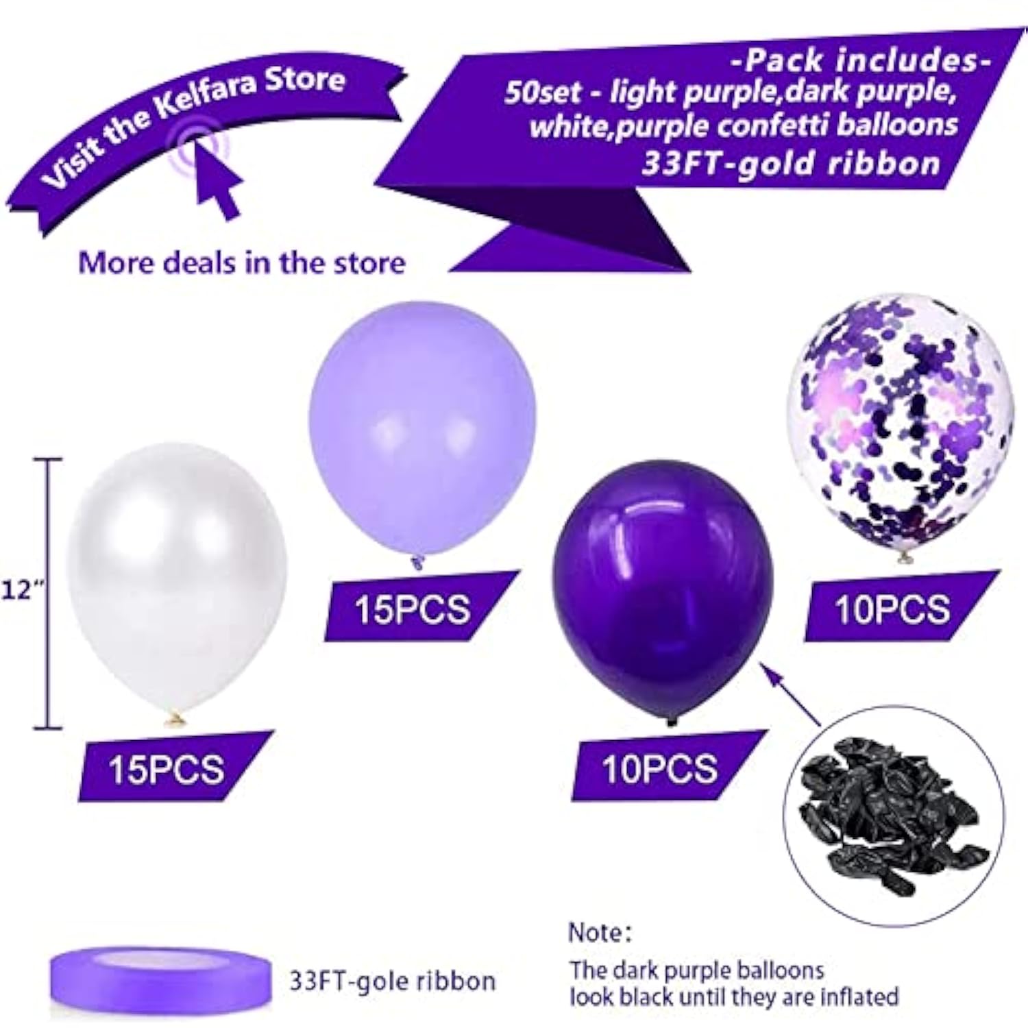 50 Pcs White & Purple Confetti Balloons with Ribbon (12")