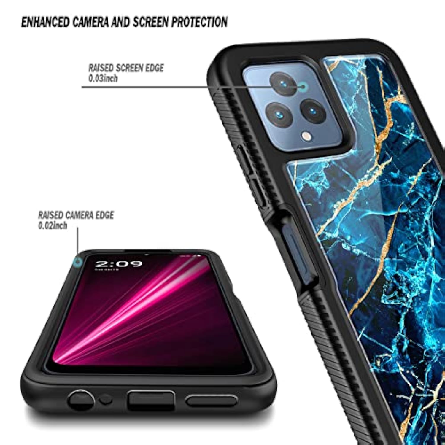 Designed For T-Mobile Revvl 6 5G / Revvl 6X 5G Phone Case With [Built-In Screen Protector], Full-Body Shockproof Protective Rugged Bumper Cover (Marble Design Sapphire)