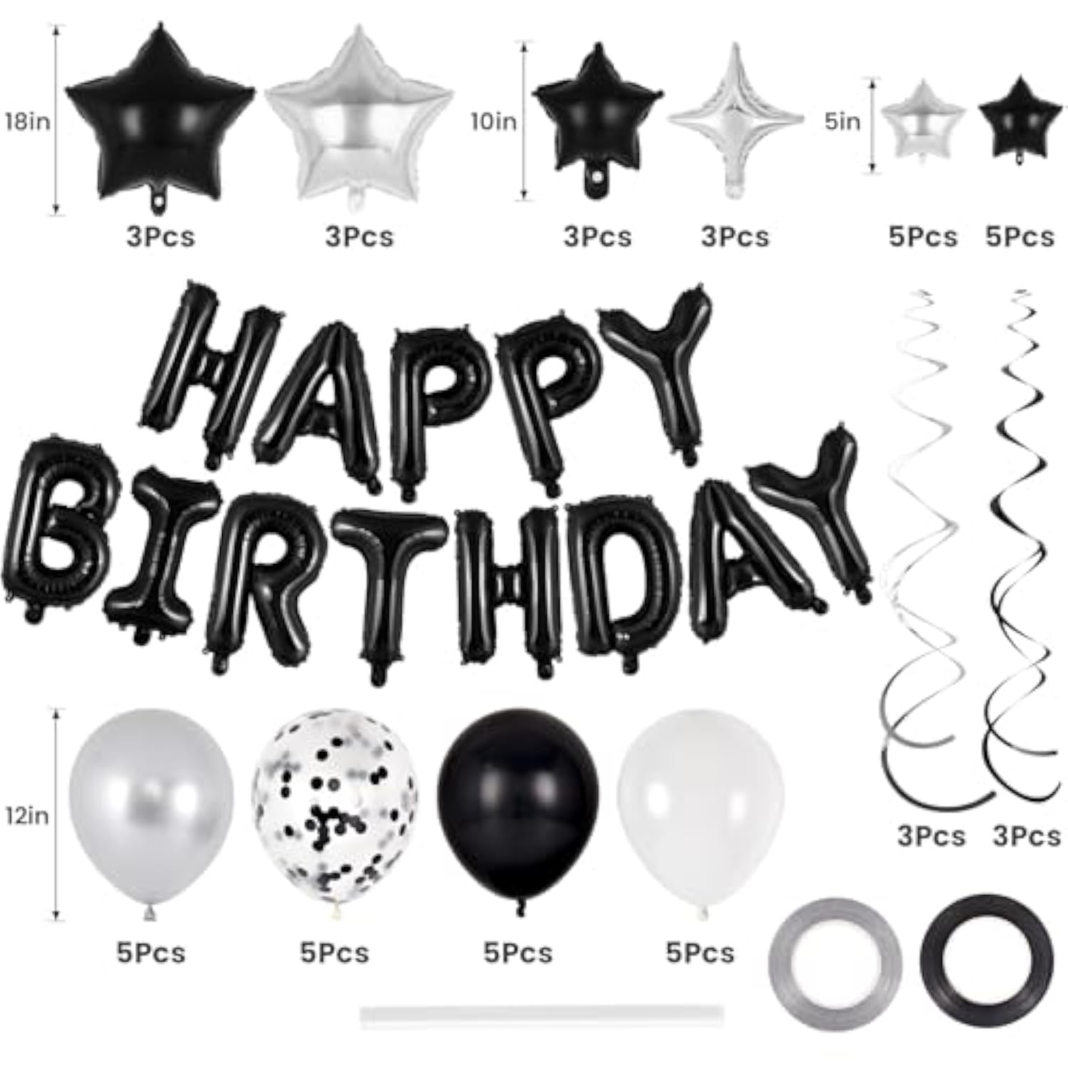 55 Pcs Black Happy Birthday Letter Balloons Stars Latex Balloons Swirls Set