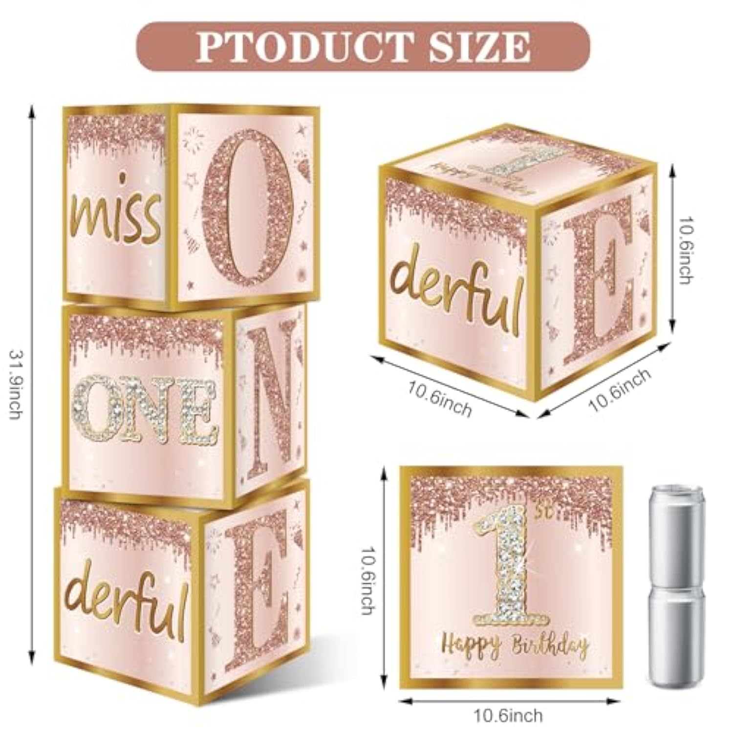 3Pcs 1St Birthday Boxes & Decor - Pink Rose Gold Miss Onederful Balloons, One Year Old Girl Birthday Theme Cardboard Box Decor