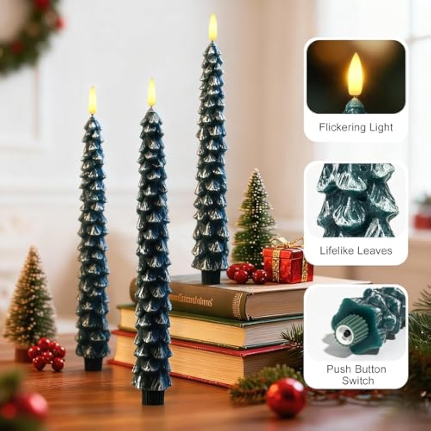 Christmas Decorations Indoor, Christmas Decor - Christmas Tree Taper Flameless Candles Battery Operated With Remote Timer, Xmas Candlesticks Home Table Mantel Room Decor, Wax, Set Of 4(Green&White)