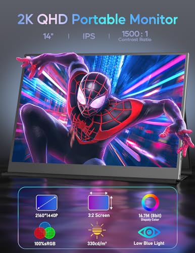 Portable Monitor 14Inch 2K Laptop Monitor Usb C Hdmi Gaming Ultra-Slim Ips Display Smart Cover & Speakers, 2160 * 1440P Screen For Laptop, Hdr External Monitor For Laptop Pc Phone Mac Xbox