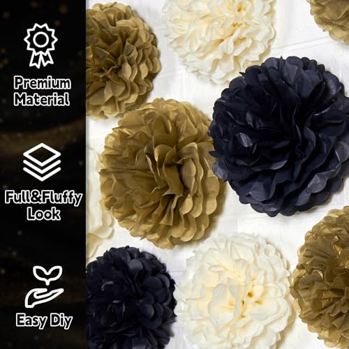 15 Pcs Black Gold Cream Tissue Paper Pom Poms Black and Gold Party Decorations Hanging Paper Flowers Decor for Prom 2026 Graduation Birthday Wedding New Year Home Wall Ceiling Decor