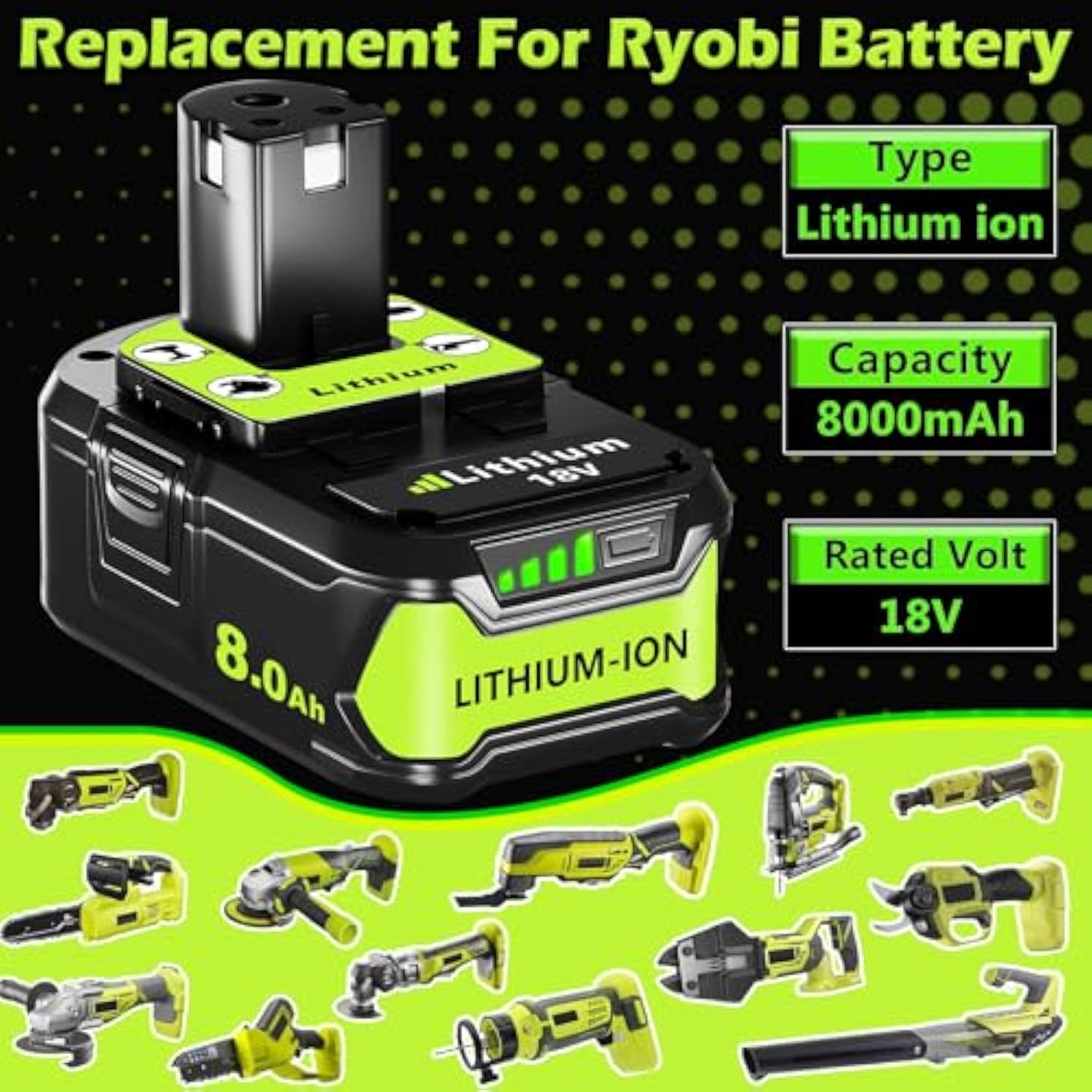 8.0Ah 18V Battery For Ryobi: Replacement Compatible With Ryobi 18V Battery One+ Lithium-Ion P108 P102 P103 P105 P107 P189 Cordless Power Tools, 2 Pack