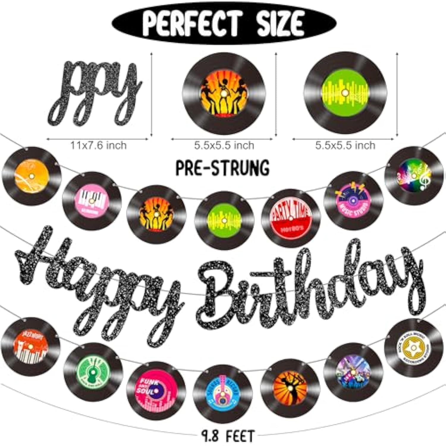 3Pcs Rock And Roll Vinyl Records Birthday Party Decorations Retro Vinyl Record Cutout Banners With Black Glitter Happy Birthday Banner For 50S 70S 90S Style Birthday Rock Music Dj Party Baby Shower Supplies
