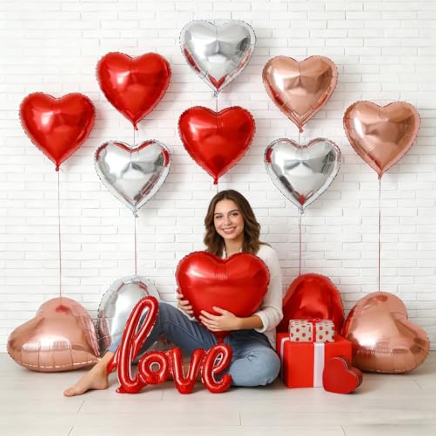 15 Pcs Heart Balloons For Valentines Day, 18 Inch Red Rose Gold Sliver Foil Heart Shaped Balloons For Galentines Day Birthday Baby Shower Bridal Shower Wedding Party Decorations