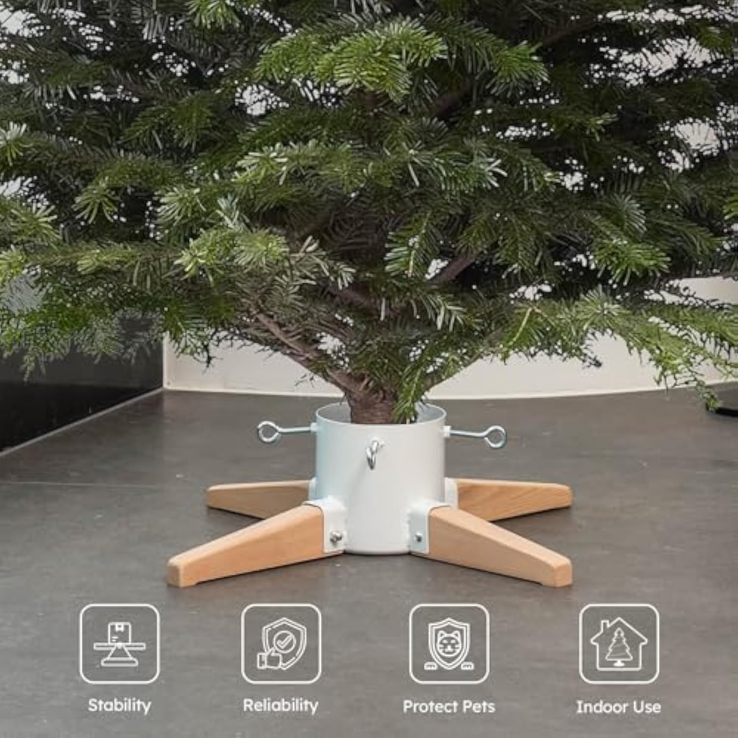Christmas Tree Stand For Live Tree 8Ft, Metal And Beech Hardwood Christmas Tree Holder With Spike For Fresh Tree, Tree Base For Real Tree, Arch Design, Seasonal Decor (White)