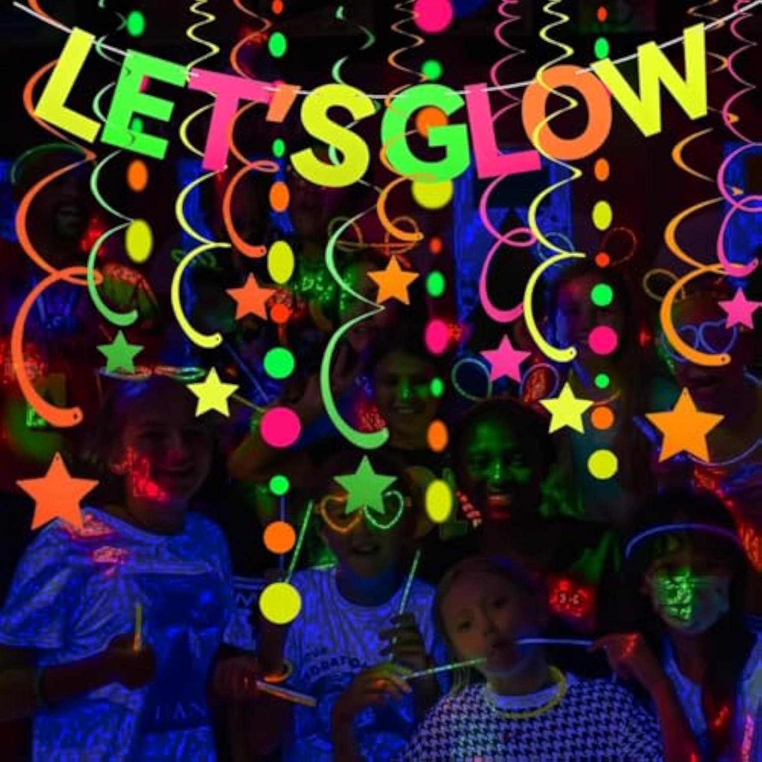 Neon Party Supplies Includes Let'S Glow Banner, Round Dot Paper Garland, Neon Swirl Streamers,Glow In The Dark Party Supplies Decorations Uv Blacklight Reactive Favor For Halloween Wedding Birthday