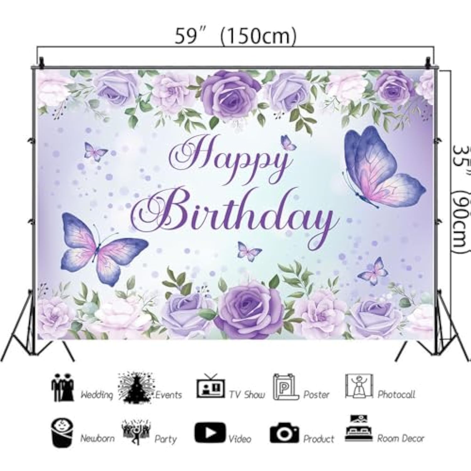 Purple Butterfly Birthday Banner 59x36 Inch for Girls and Women Party