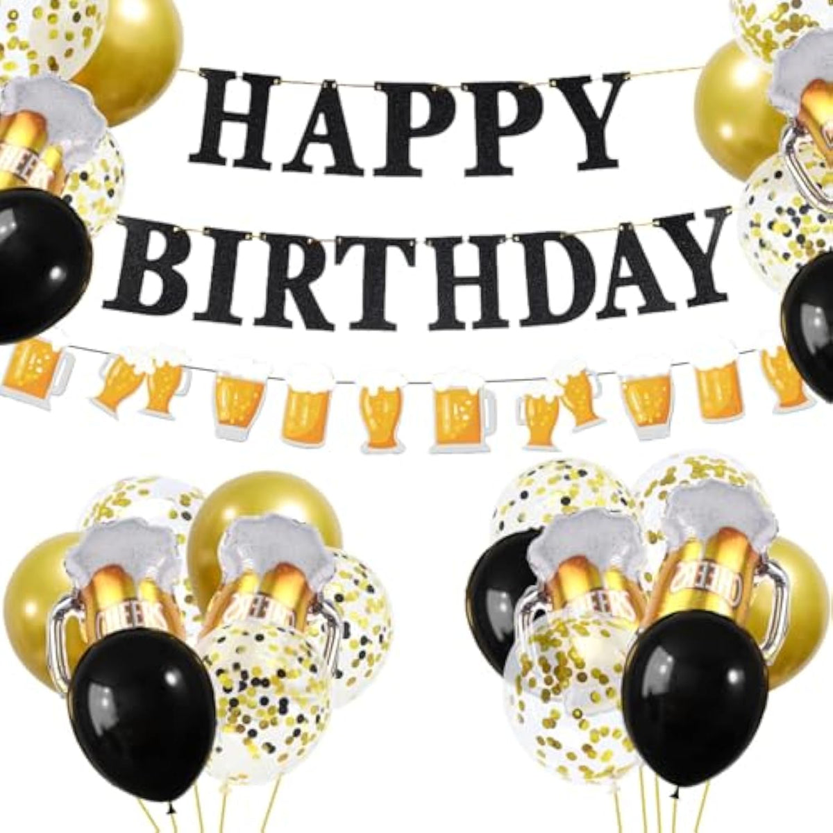Black Gold Birthday Party Set Banner Balloons Themed Decor for Men Women