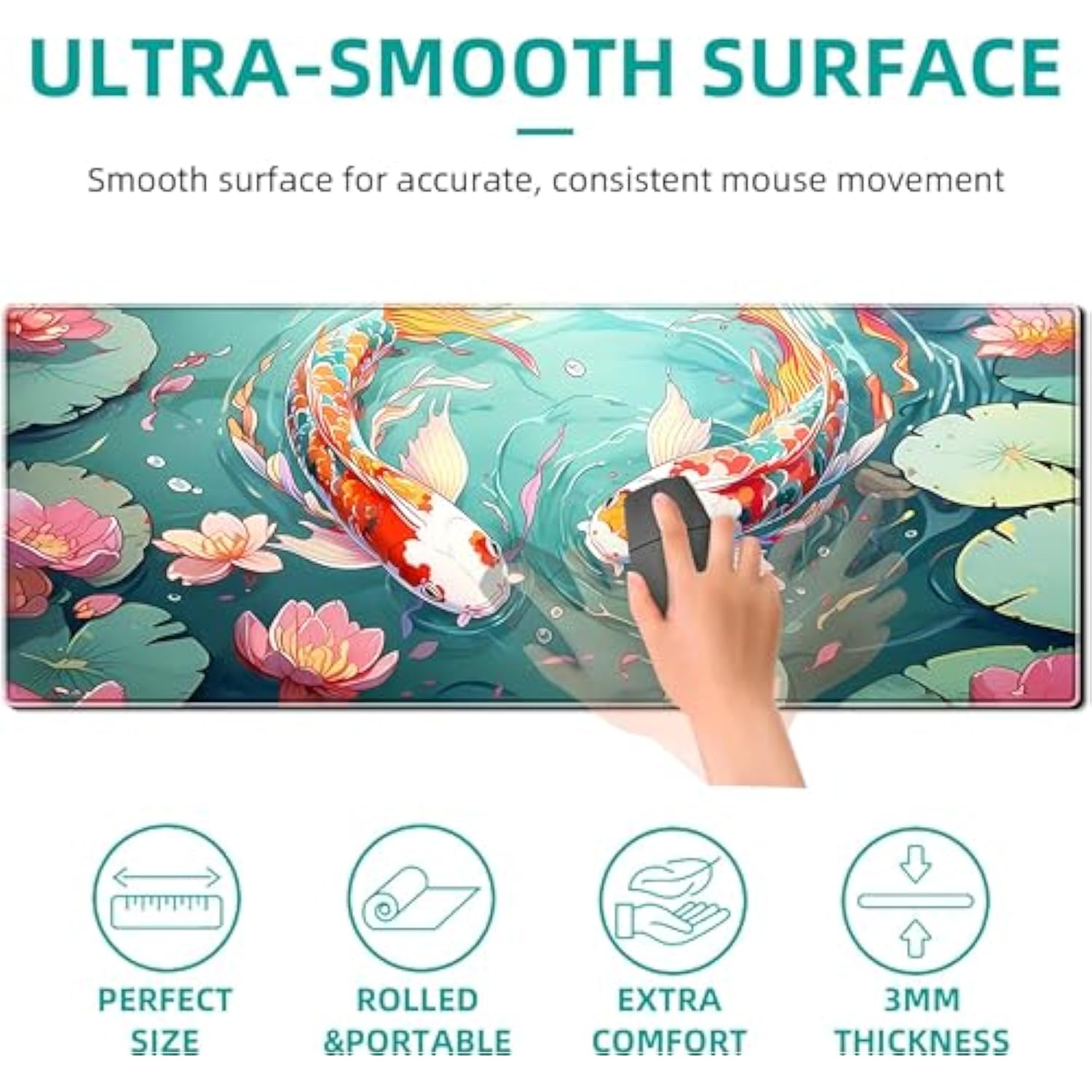 Anime Koi Carp Gaming Mouse Pad Colorful Koi Fish Large Desk Mat, 31.5X11.8 Inch Mousepad Extended Non-Slip Rubber Base Keyboard Mat With Stitched Edges For Desk Home Office