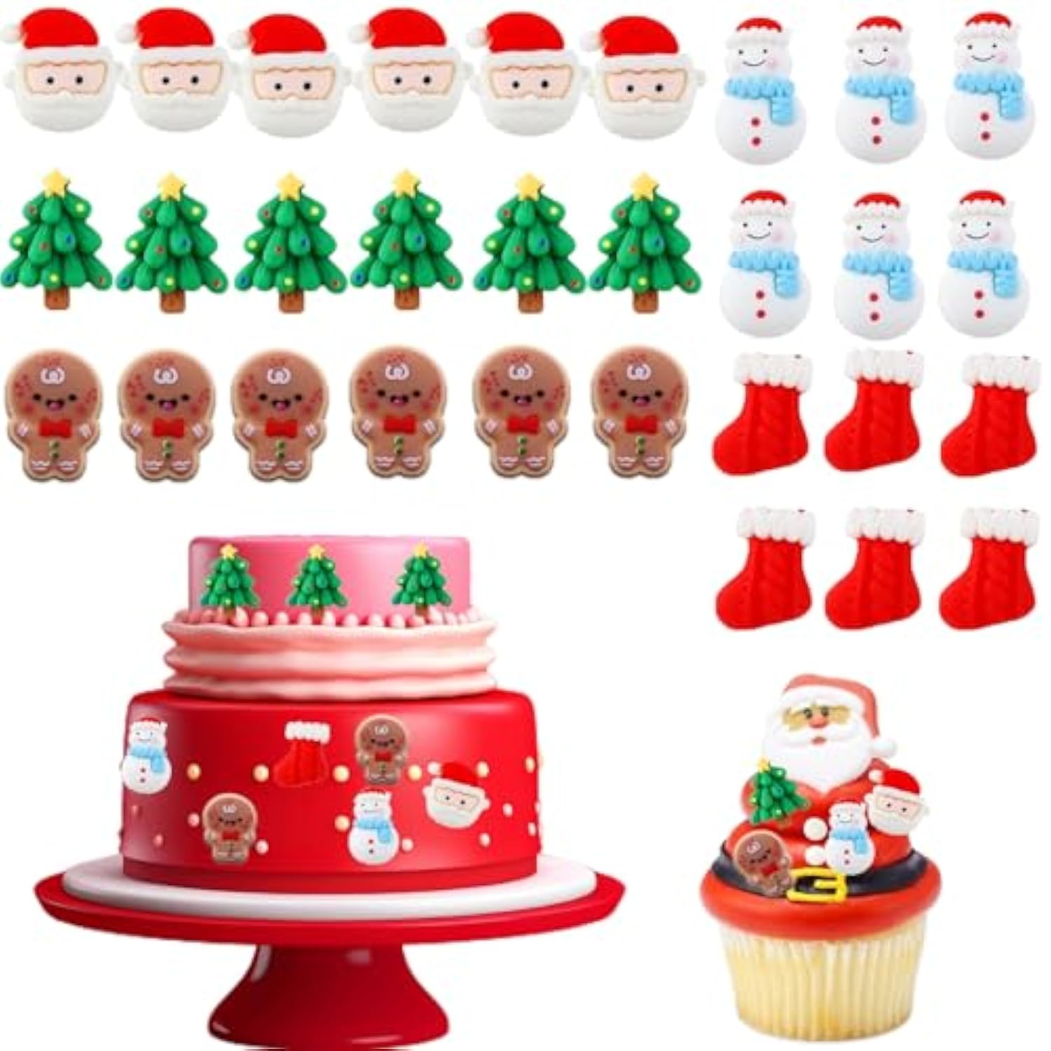 30pcs Resin Merry Christmas Cupcake Toppers Santa Tree Snowman Gingerbread Picks