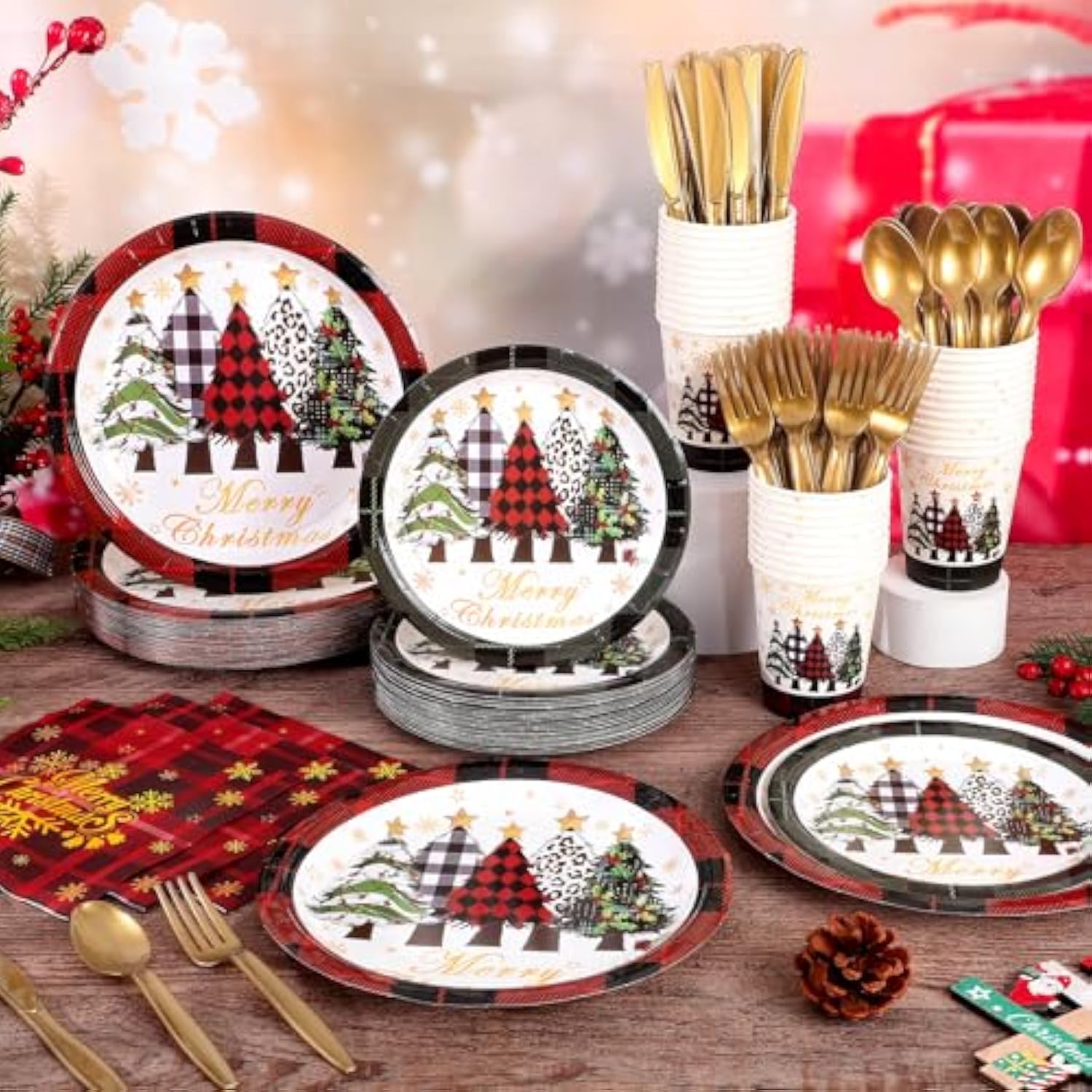350 Pcs Christmas Paper Plates And Napkins Set, Buffalo Plaid Xmas Tree Disposable Dinnerware Set Holiday Party Plates For Xmas Winter New Year Holiday