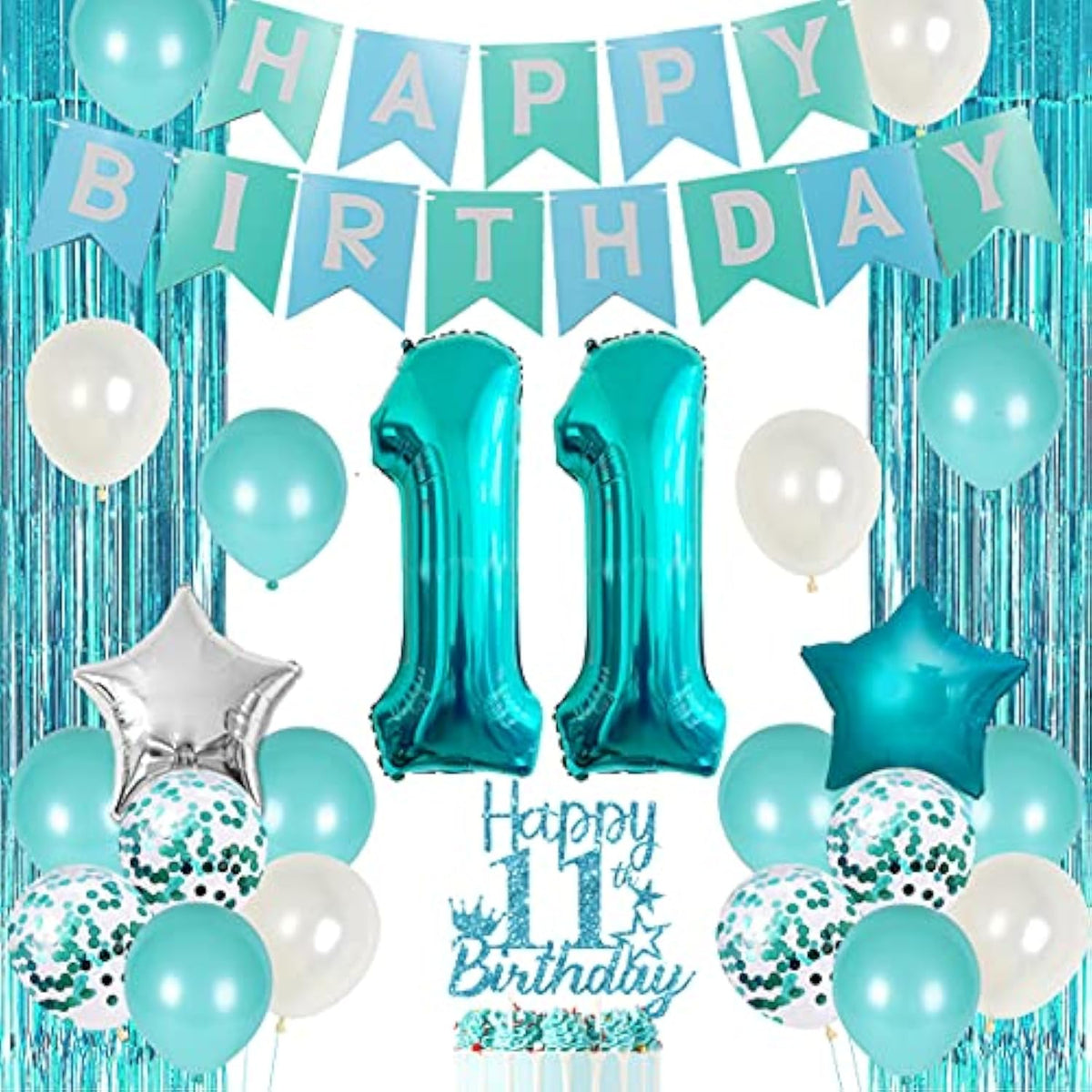 Teal 11th Birthday Decor Set Banner, Foil Balloons & Cake Topper