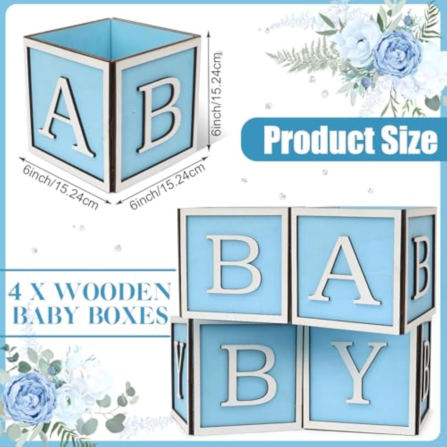 4 Set Baby Shower Centerpieces For Tables - 6 Inch Wooden Boxes With Baby Letters Rustic Cube Planter Wood Blocks For Boy Girl Gender Reveal Party Favor (Blue)