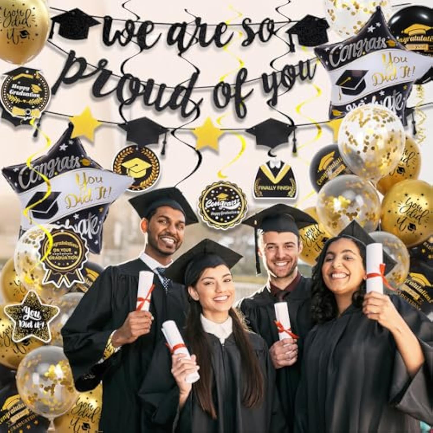 Graduation Decorations Class Of 2025, Black And Gold Graduation Balloons With Hanging Swirl, We Are So Proud Of You Banner, Congrats Grad Garland Party Supplies