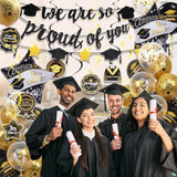 Graduation Decorations Class Of 2025, Black And Gold Graduation Balloons With Hanging Swirl, We Are So Proud Of You Banner, Congrats Grad Garland Party Supplies