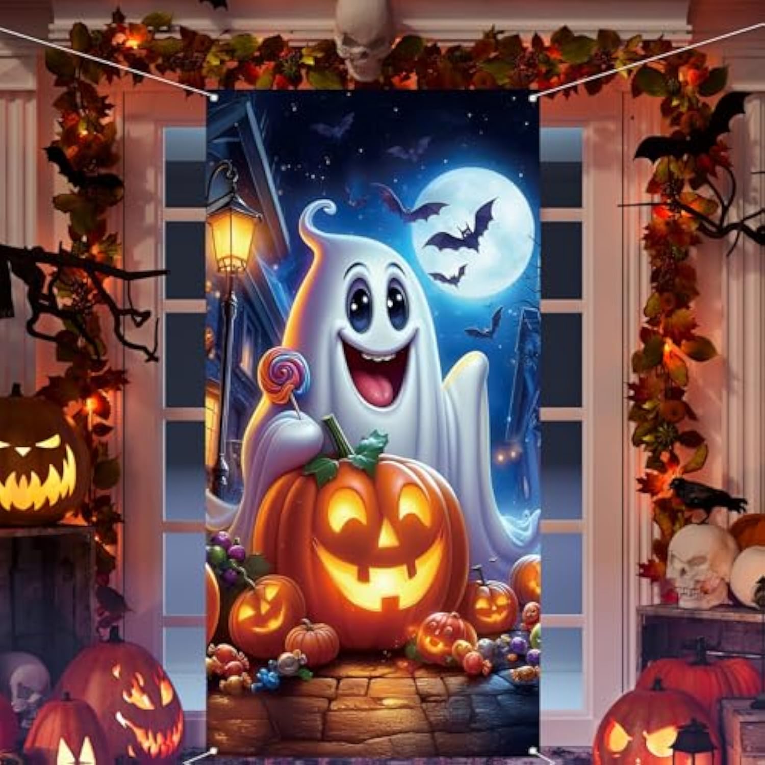 Ghost Pumpkin Halloween Door Cover 71×35 Inch Party Backdrop Decor