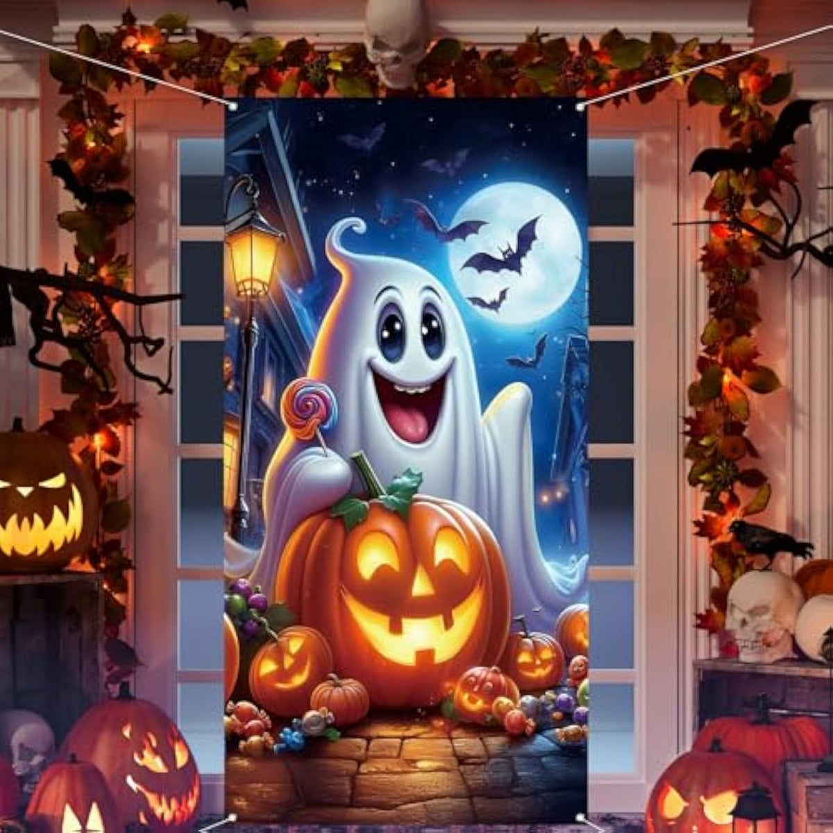 Ghost Pumpkin Halloween Door Cover 71×35 Inch Party Backdrop Decor
