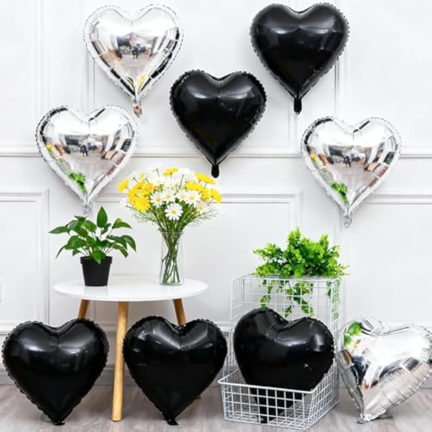 12 Pcs Black Silver Heart Foil Balloons 18 Inch Party Decorations