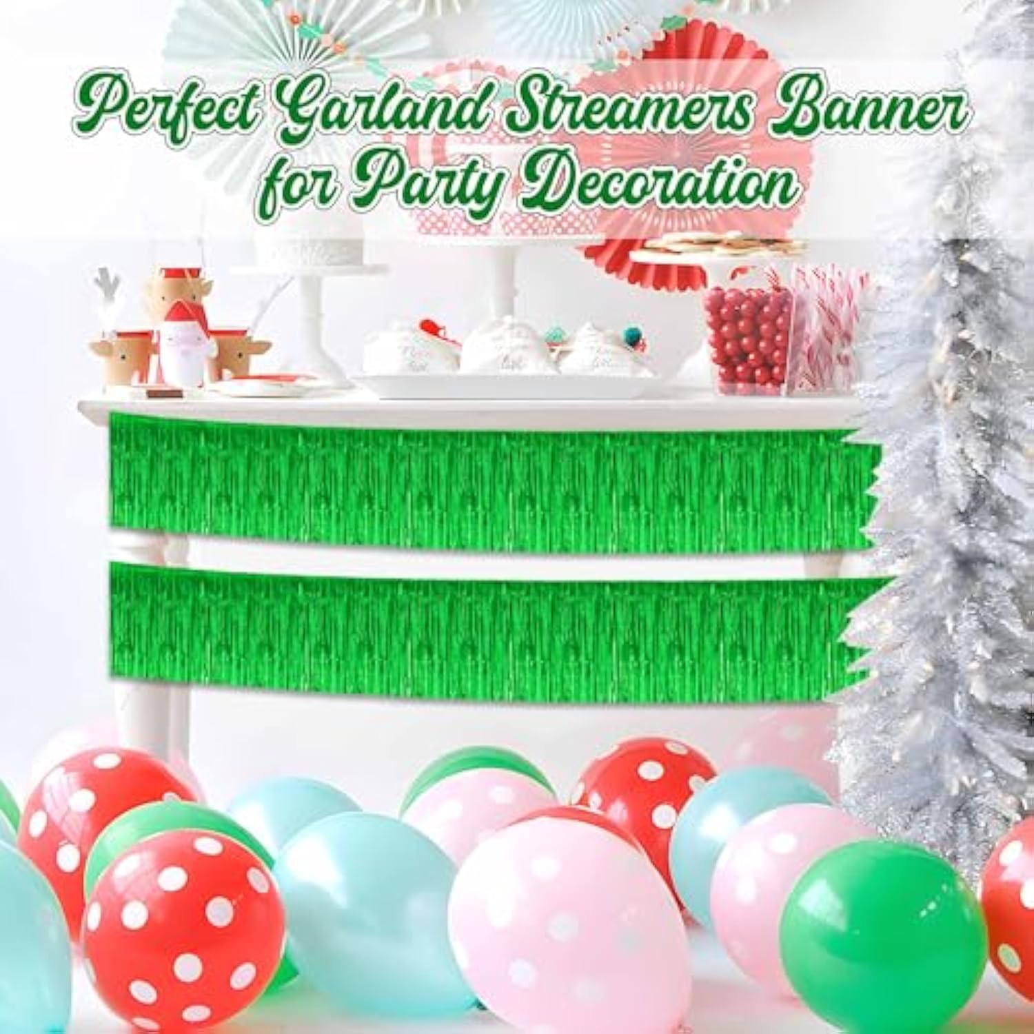 6 Pack 10 Ft Green Foil Fringe Garland Metallic Streamers Tinsel Banner Wall Hanging Garland Backdrop For Parade Floats, Halloween, Christmas, Thanksgiving, New Year Party Decorations