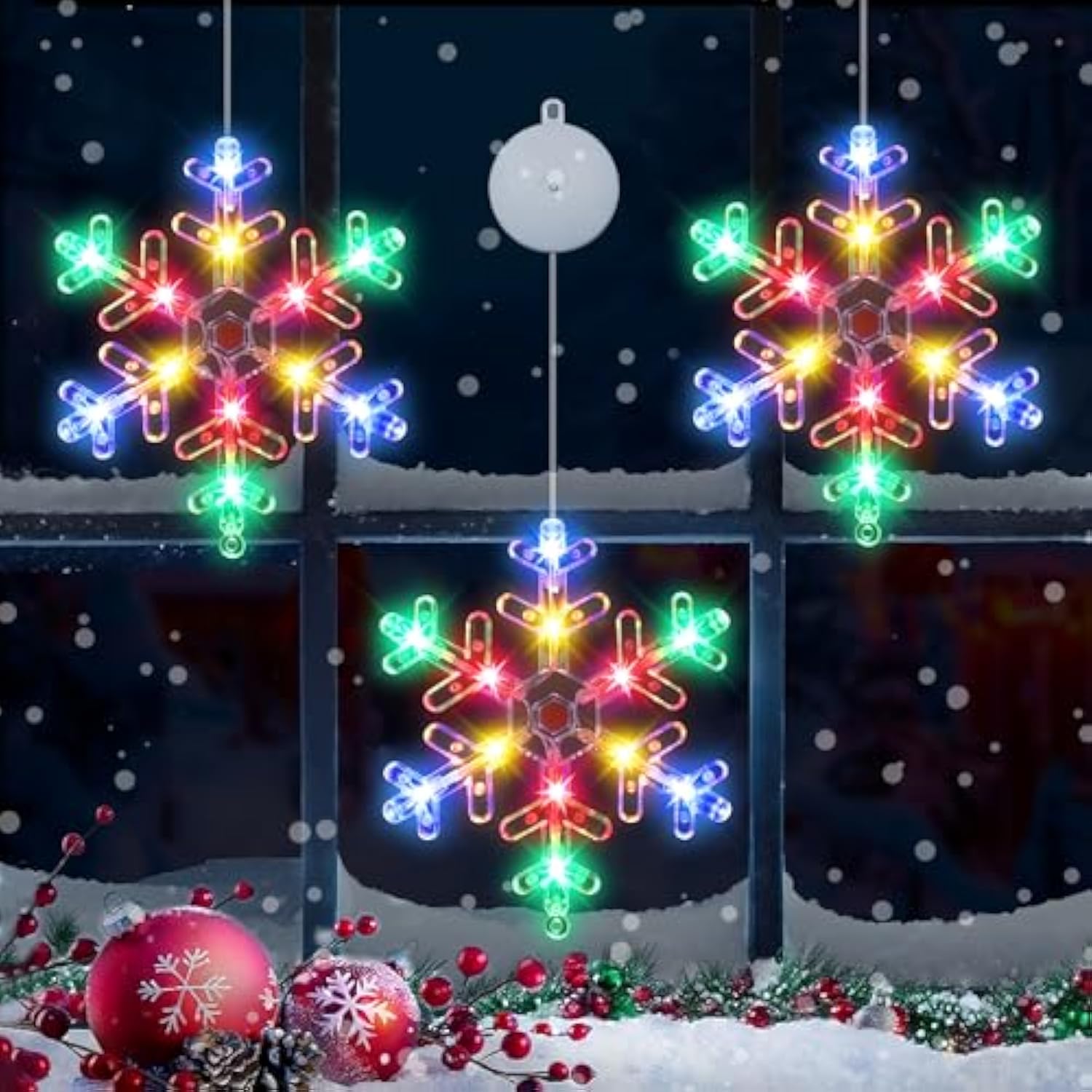 [Timer] Christmas Window Decorations, 3 Pcs Snowflake Christmas Window Lights With Suction Cup, Battery Operated Snowfla