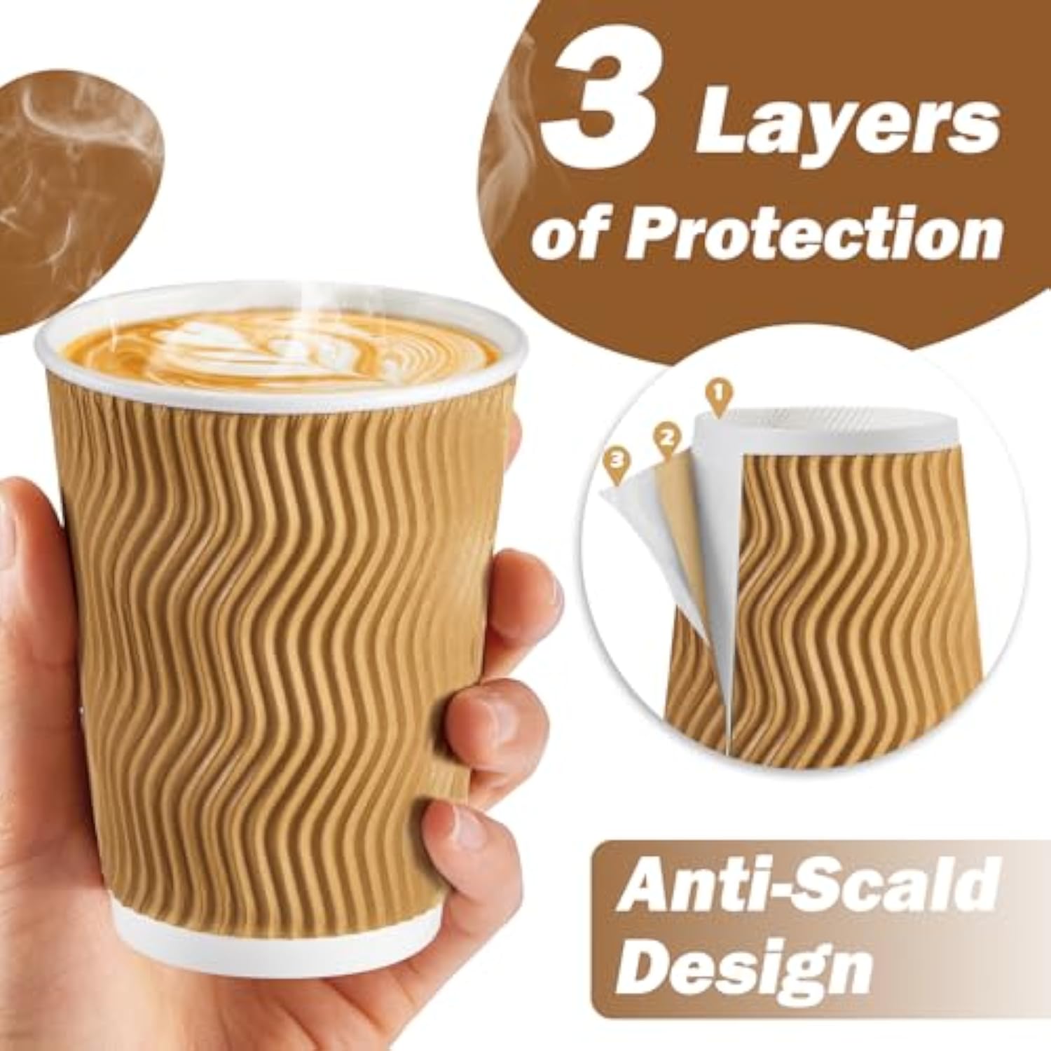 Coffee Cups 12 Oz 150 Pack, Insulated Ripple Wall Paper Coffee Cups 12 Oz, Disposable Coffee Cups, Hot Beverage/Cold Drinking Cups For Office,Home,Party,Cafe,Picnic,Travel (Champagne)