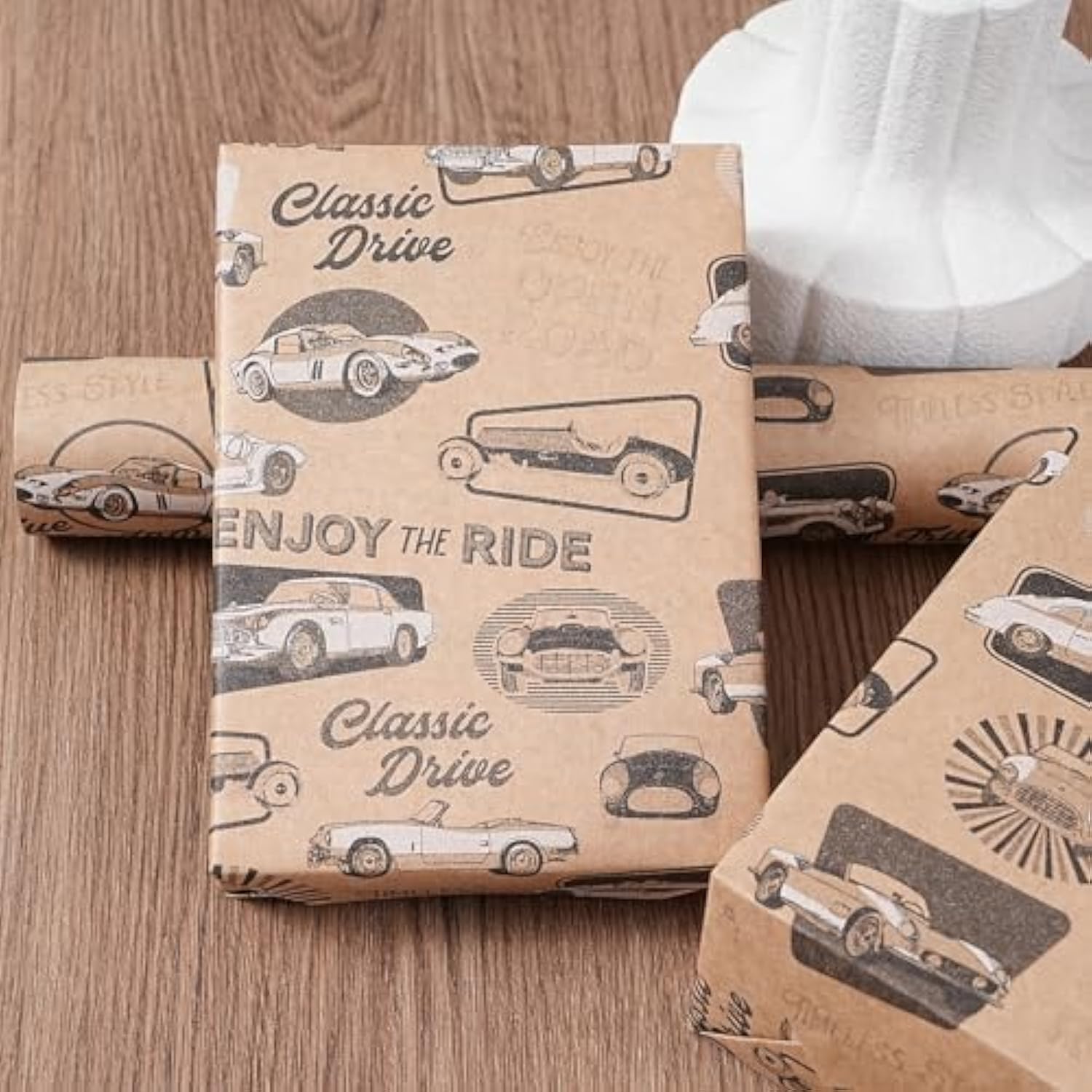 Kraft Birthday Wrapping Paper Roll - 17 Inches X 33 Feet - For Boys Girls Kids Retro Classic Racing Sports Car Pattern Great For Birthday, Party, Anniversary