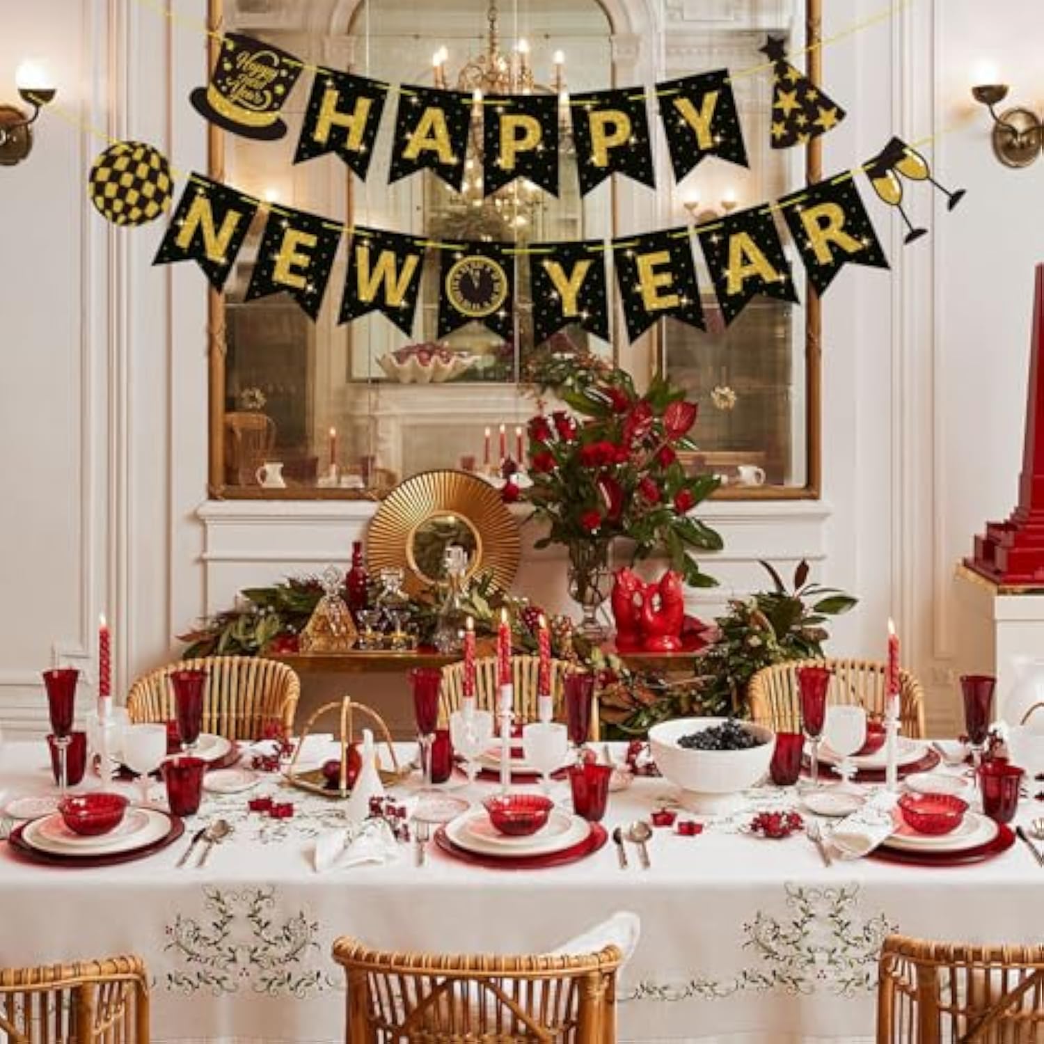 Happy New Year Banner 2026 Black Gold Party Supplies Backdrop Decorations
