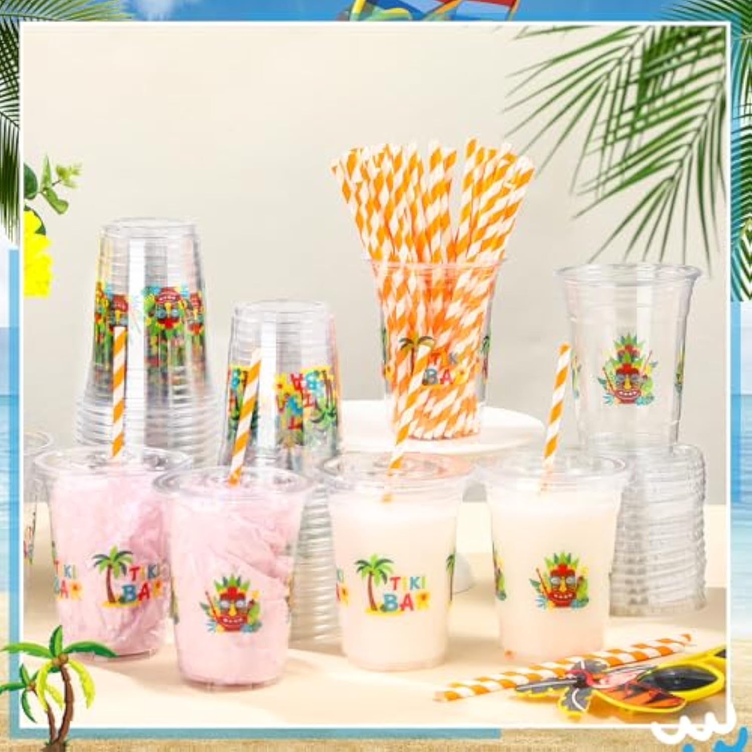 50 Pcs 16 Oz Tiki Bar Plastic Cups Bulk With Lids And Straws Disposable Tropical Clear Drinking Cups For Tiki Bar Party Favors Summer Decorations Hawaiian Luau Party Supplies