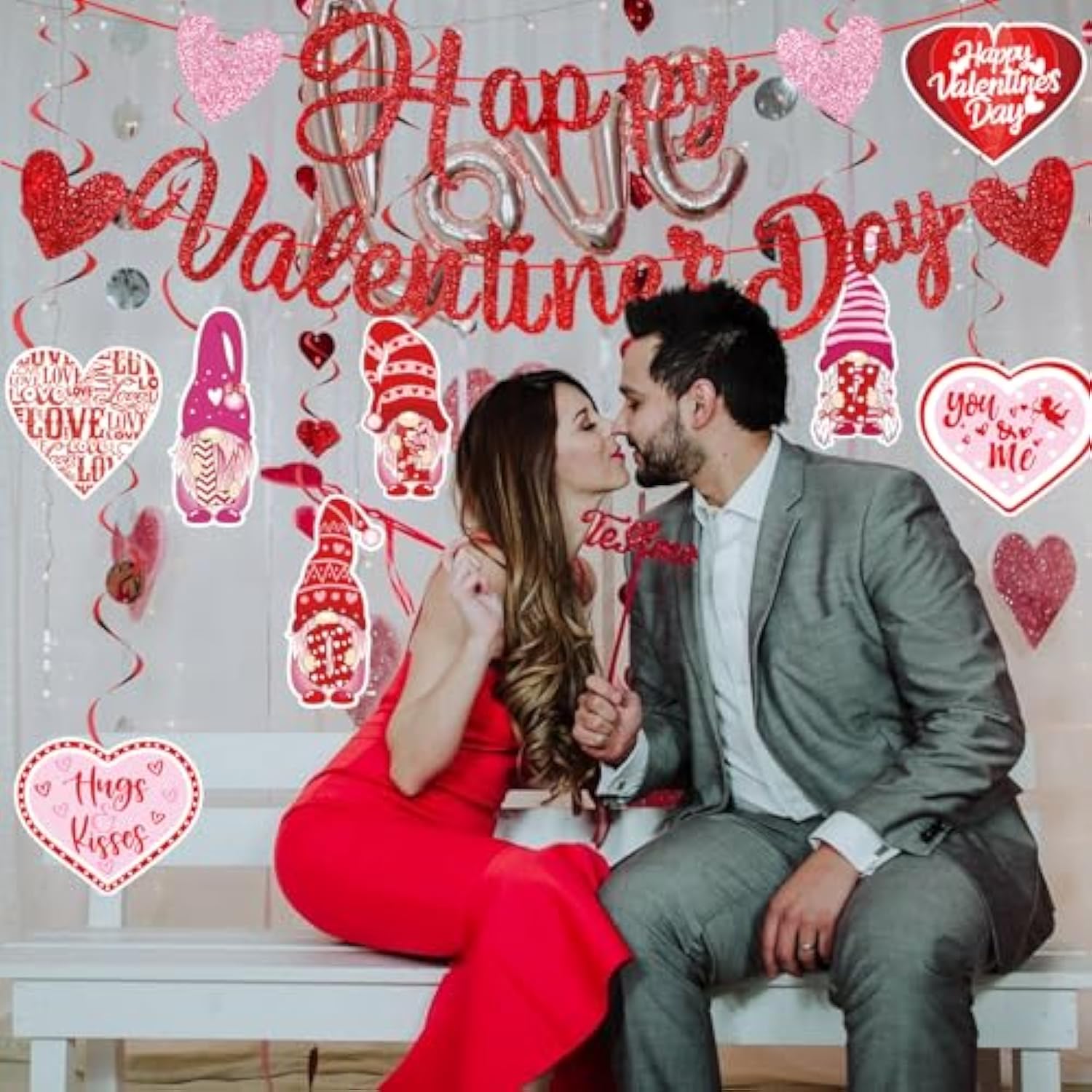 Happy Valentine'S Day Party Decorations, Red Glittery Happy Valentines Day Banner And Valentines Hanging Heart Swirls Decorations For Valentine'S Wedding Anniversary Party Supplies