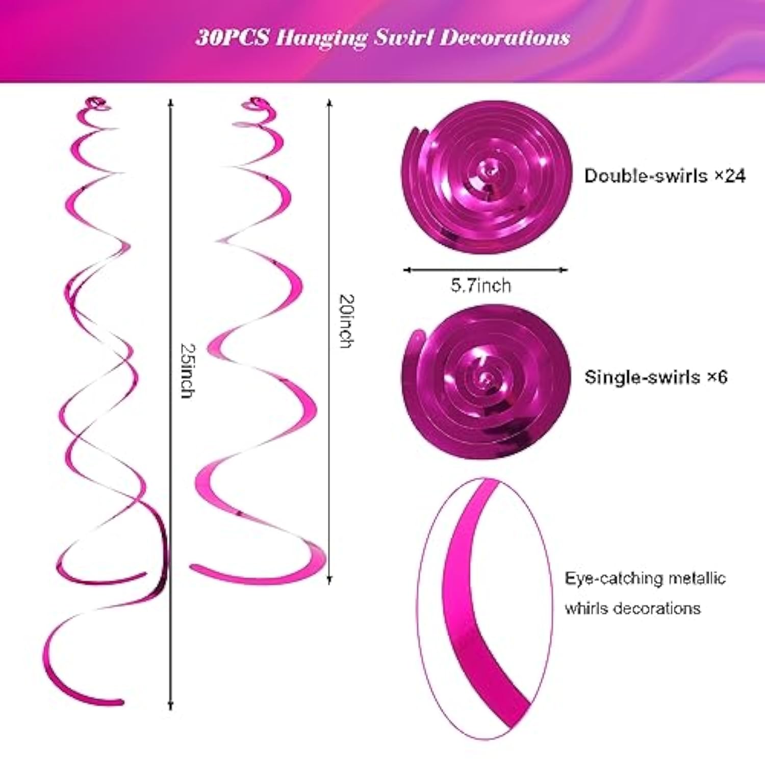 30 Pcs Party Swirl Decorations Hot Pink Shinny Foil Hanging Swirl Decorations With Double-Swirls And Single-Swirls Plastic Streamer For Ceiling Plastic Metallic Streamer For Party Decorations