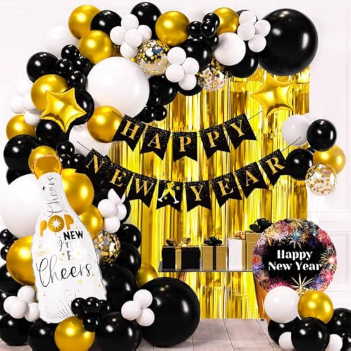2026 New Year Party Kit with Balloons, Banner, Foil Balloons, and Fringe Curtain Backdrop