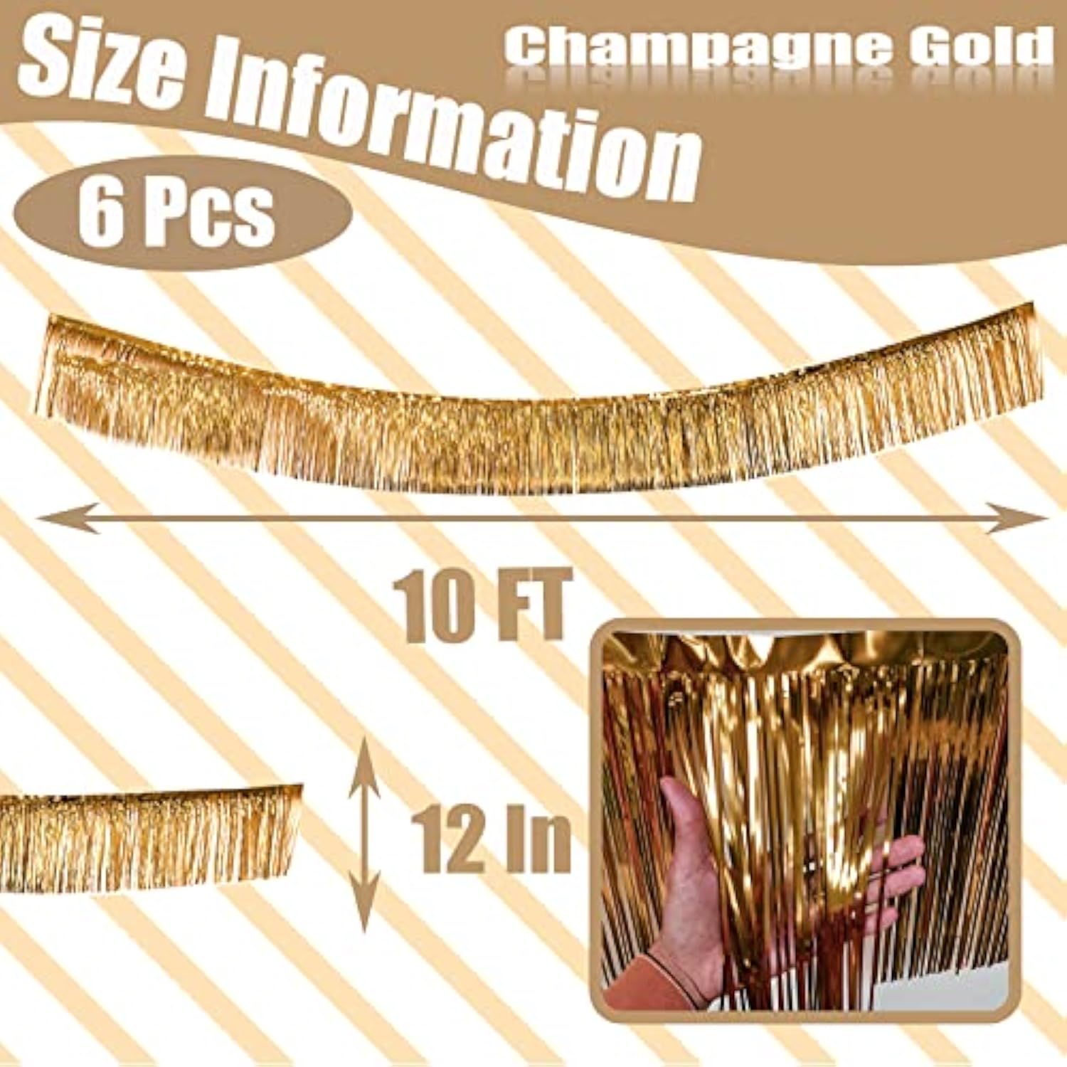 6 Pack 10 Feet Champagne Gold Foil Fringe Garland Metallic Tinsel Streamers Banner Wall Hanging Backdrop Banner For Parade Floats, Thanksgiving, Christmas, Birthday, Halloween Party Decorations