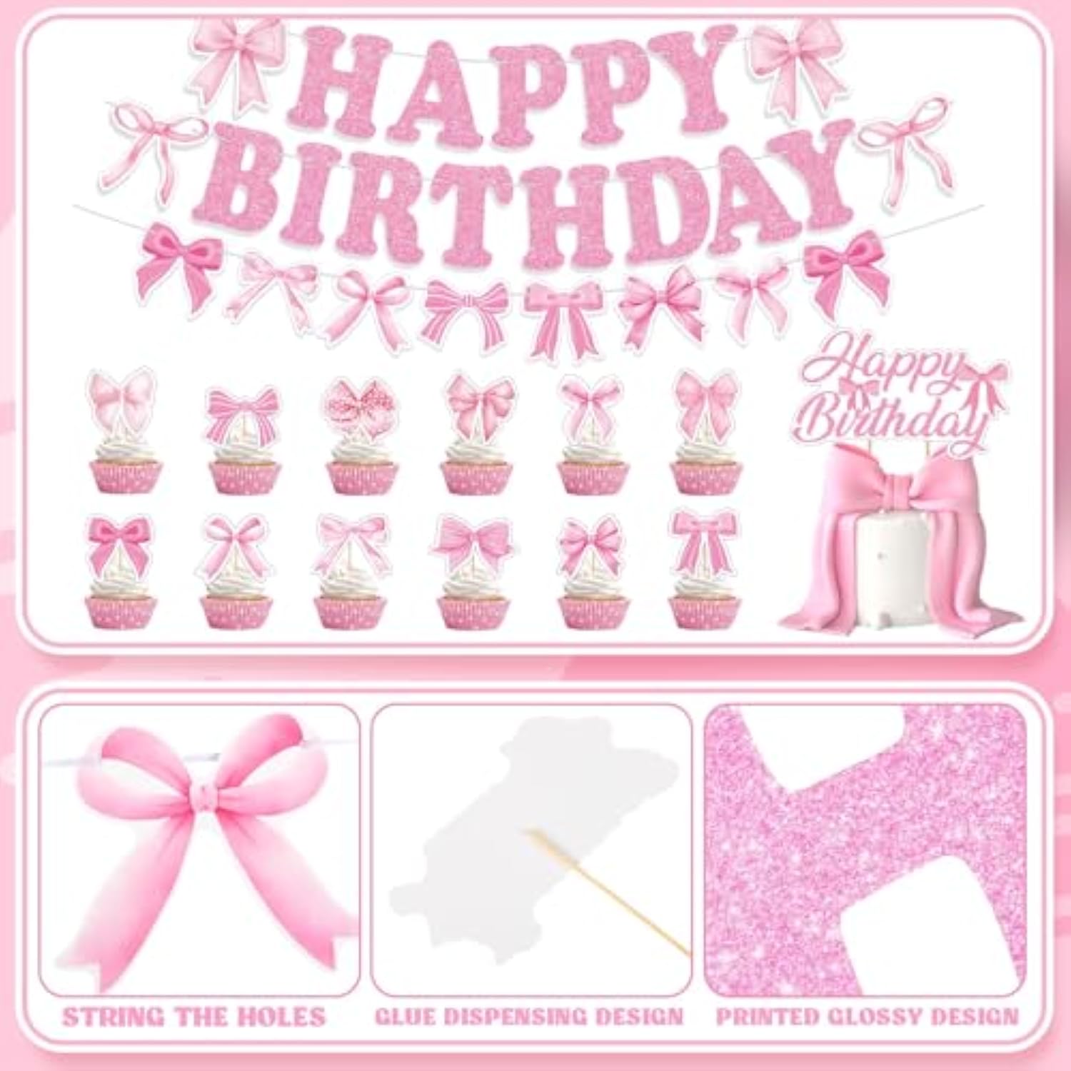 44 Pcs Pink Bow Birthday Decorations Include Pink Bow Balloons Star Balloons Cake Topper Bow Happy Birthday Banner For Party