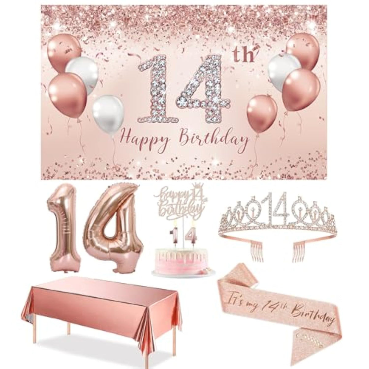 14Th Birthday Decorations Party Set For Girls, Rose Gold 14 Birthday Banner And Tablecloth, 14 & Fabulous Sash And Tiara, 1Pc Happy 14Th Birthday Cake Topper, Pink Gold 14 Number Balloons