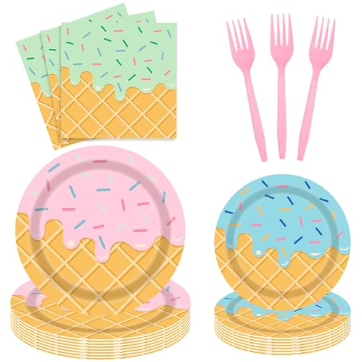 Ice Cream Party Decorations 96Pcs Ice Cream Plates And Napkins Forks For Kids Girls Baby Shower Ice Cream Birthday Party Supplies