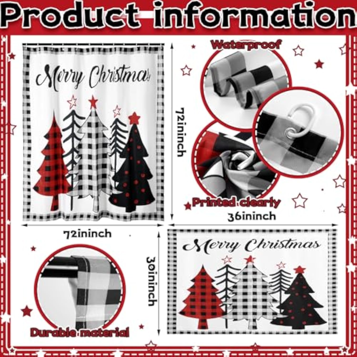 2 Pcs Christmas Shower Curtain Set 72 X 72 Inch Buffalo Plaid Xmas Tree Winter Snowflake Merry Christmas Decorative Christmas Tree Shower Curtain With Window Curtain With 12 Hooks