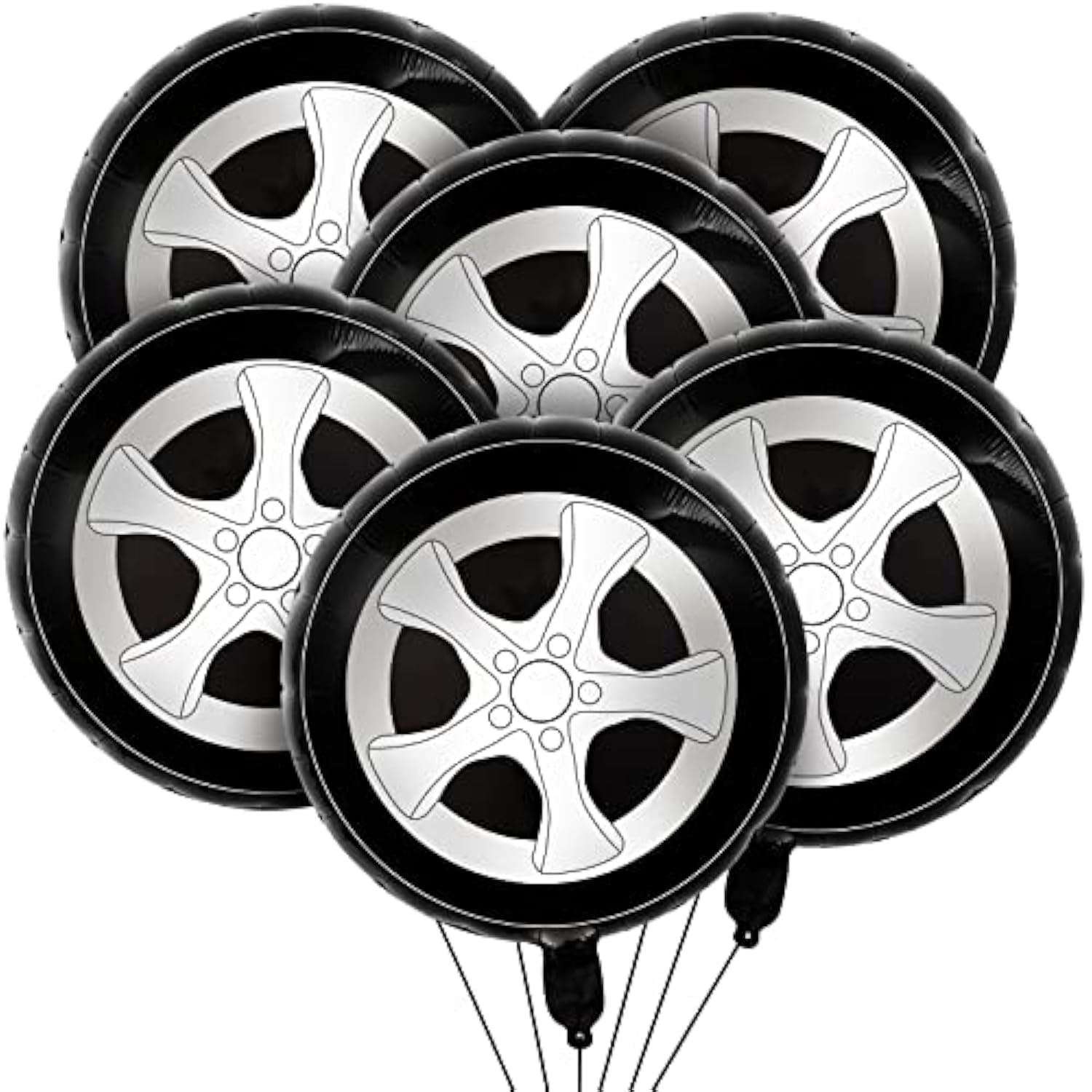 6pcs Race Car Tire Foil Balloons – 18" Black & White Party Decor for Car-Themed Birthdays