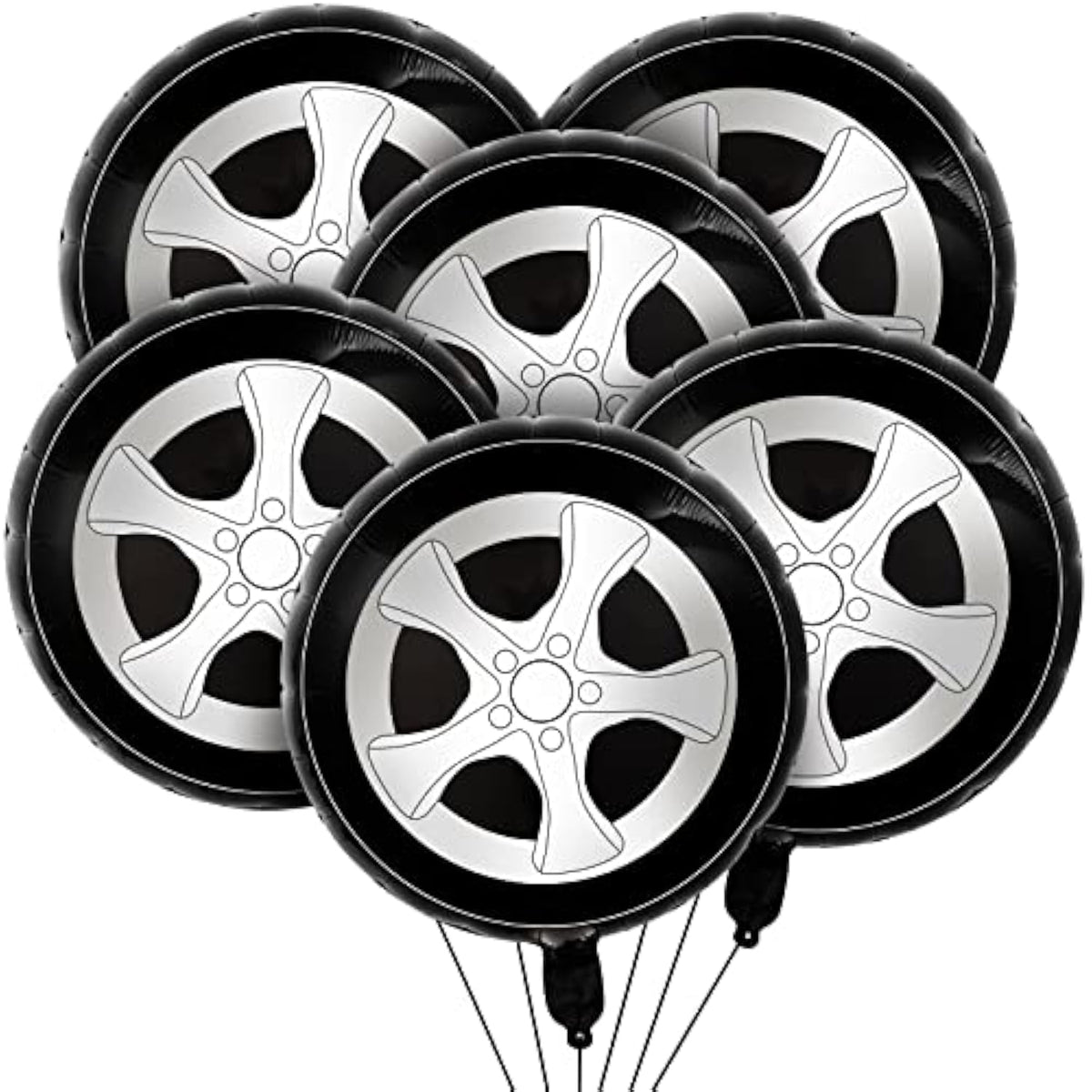 6pcs Race Car Tire Foil Balloons – 18" Black & White Party Decor for Car-Themed Birthdays