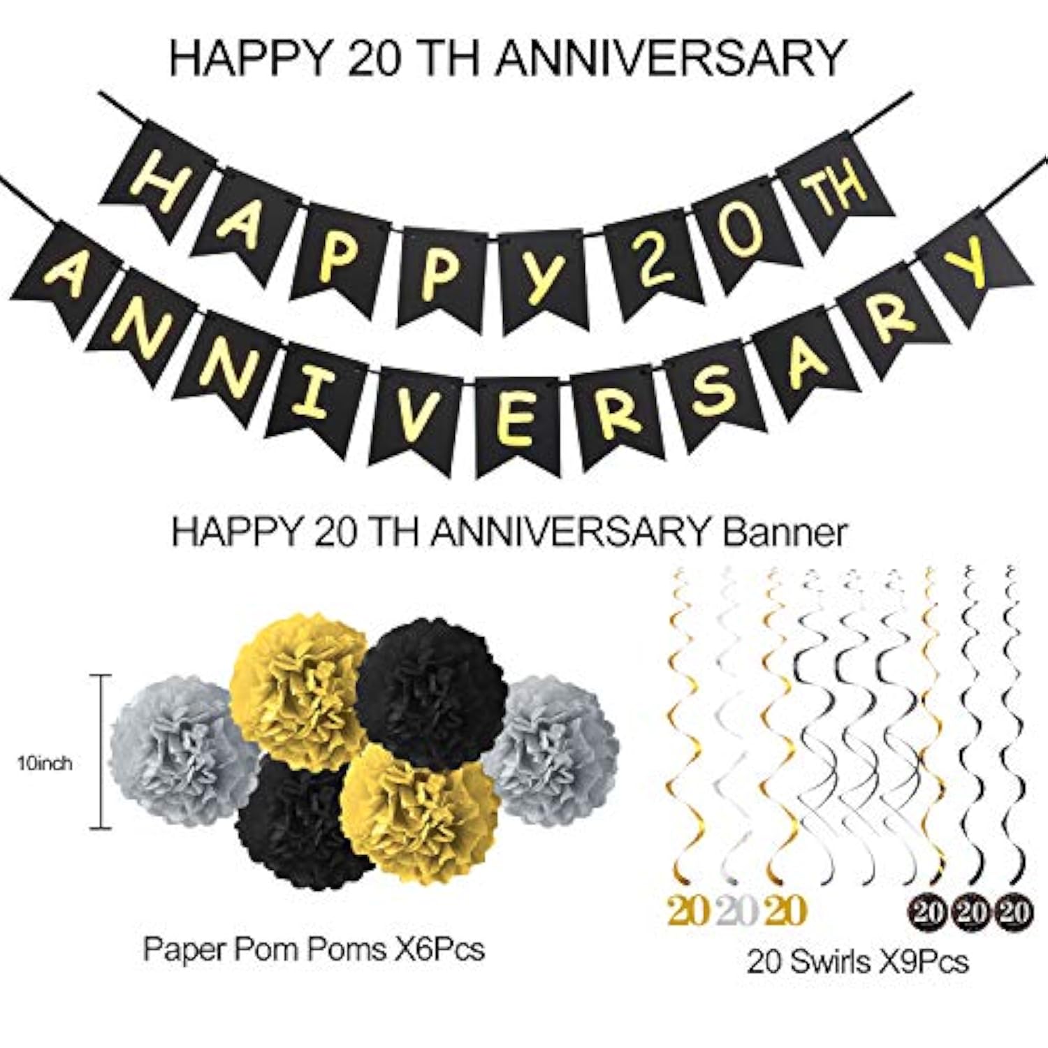 20Th Anniversary Decorations Kit - Including Glitter Banner, Hanging Swirls, Poms - Wedding Party Decorations