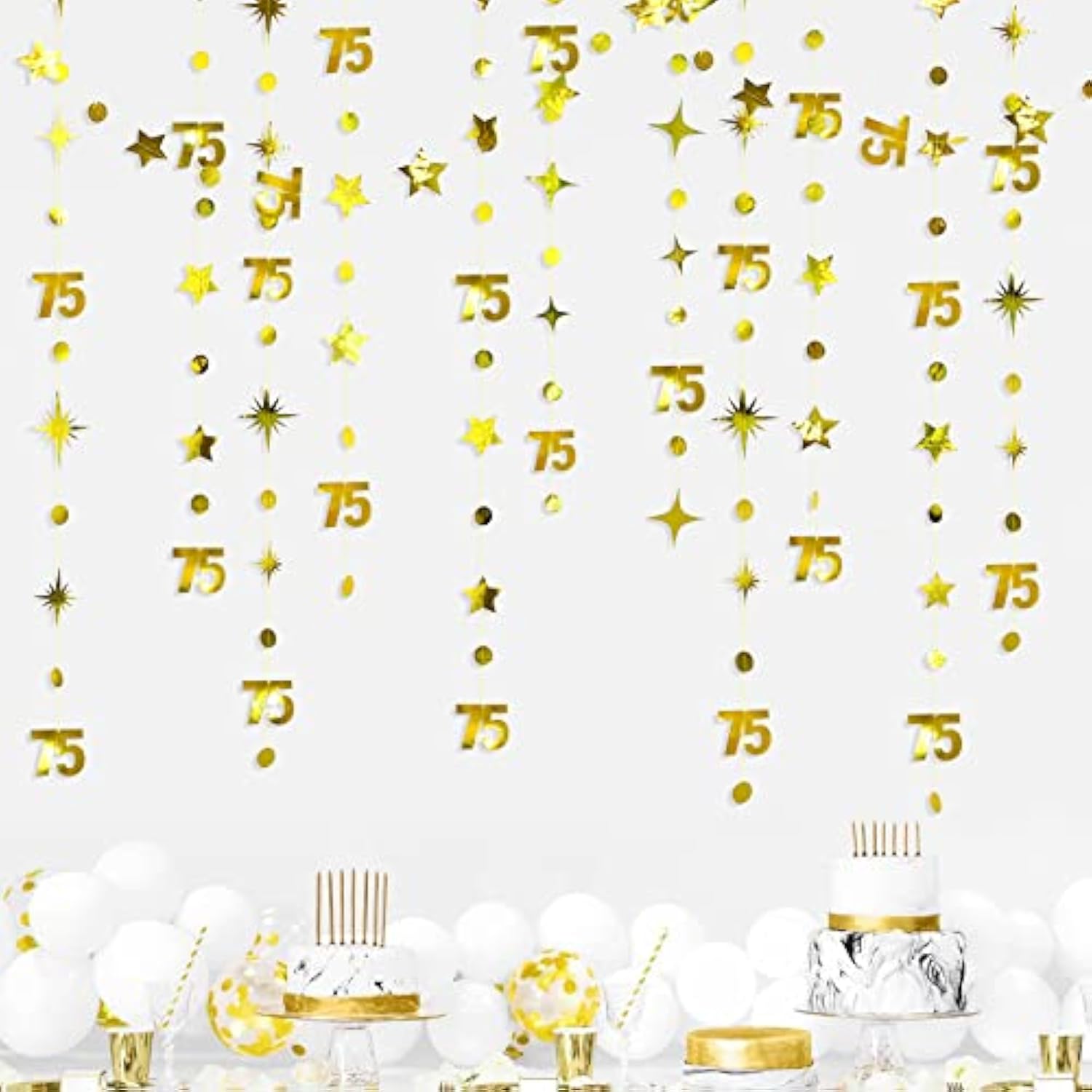 Gold 75th Birthday Garland: Metallic Stars & Dots Party Decor