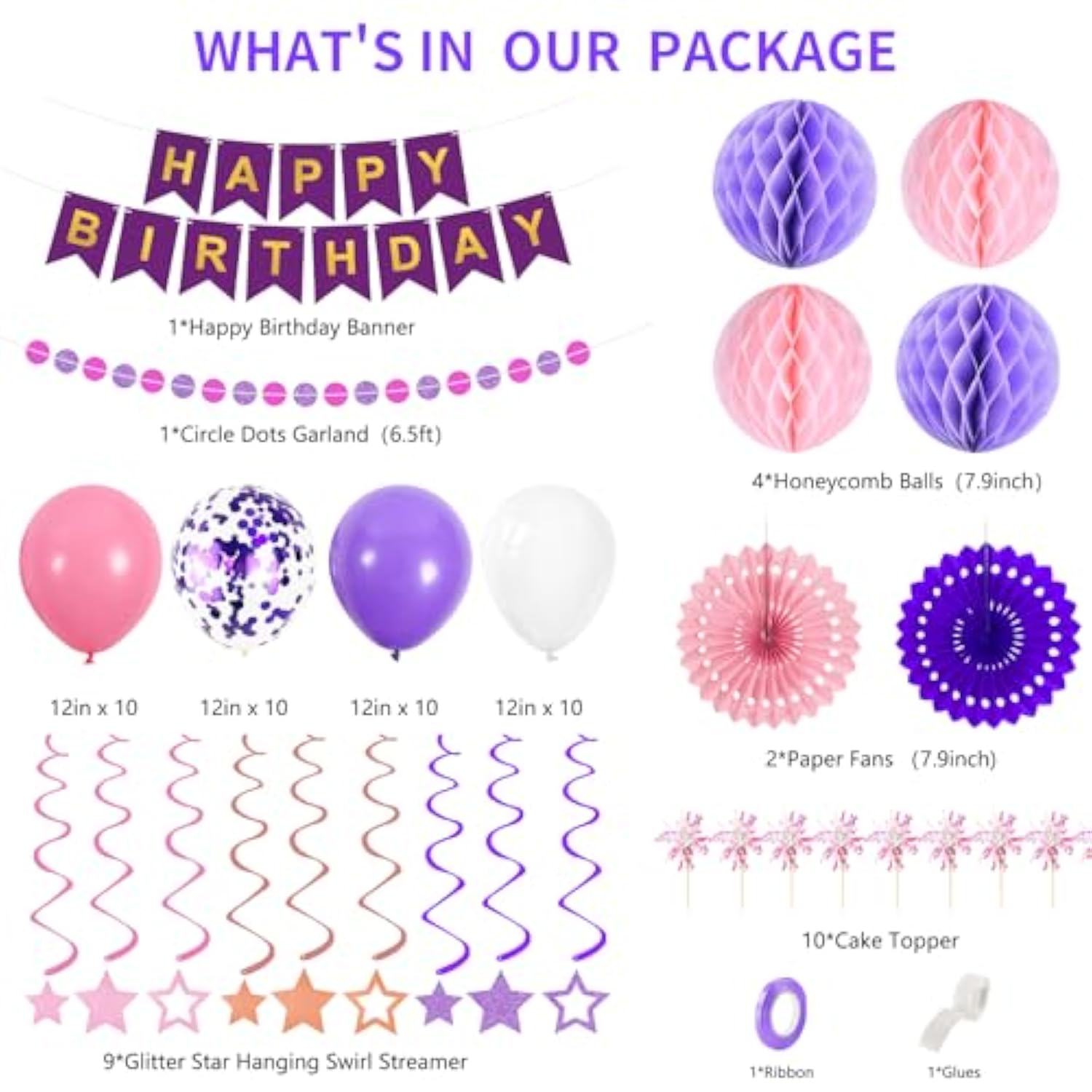 Purple Birthday Decorations Happy Birthday Banner Pink And Purple Balloons Stars Circle Garland Hanging Swirl Streamers Hanging Honeycomb Balls 69Pcs Party Decorations For Women Men