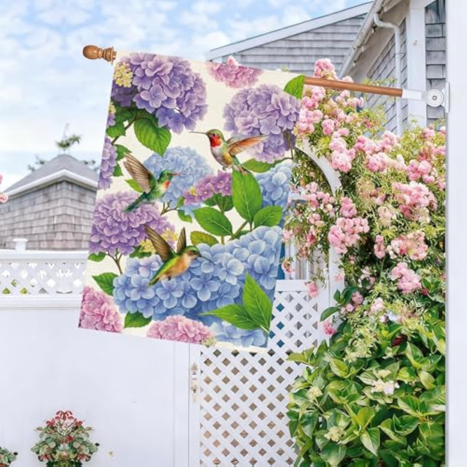 Spring Summer Hydrangea House Flag 28 X 40 Inch Double Sided Burlap Flower Green Leaf Farmhouse Large Yard Flag Summer Holiday Seasonal Outdoor Outside Decoration