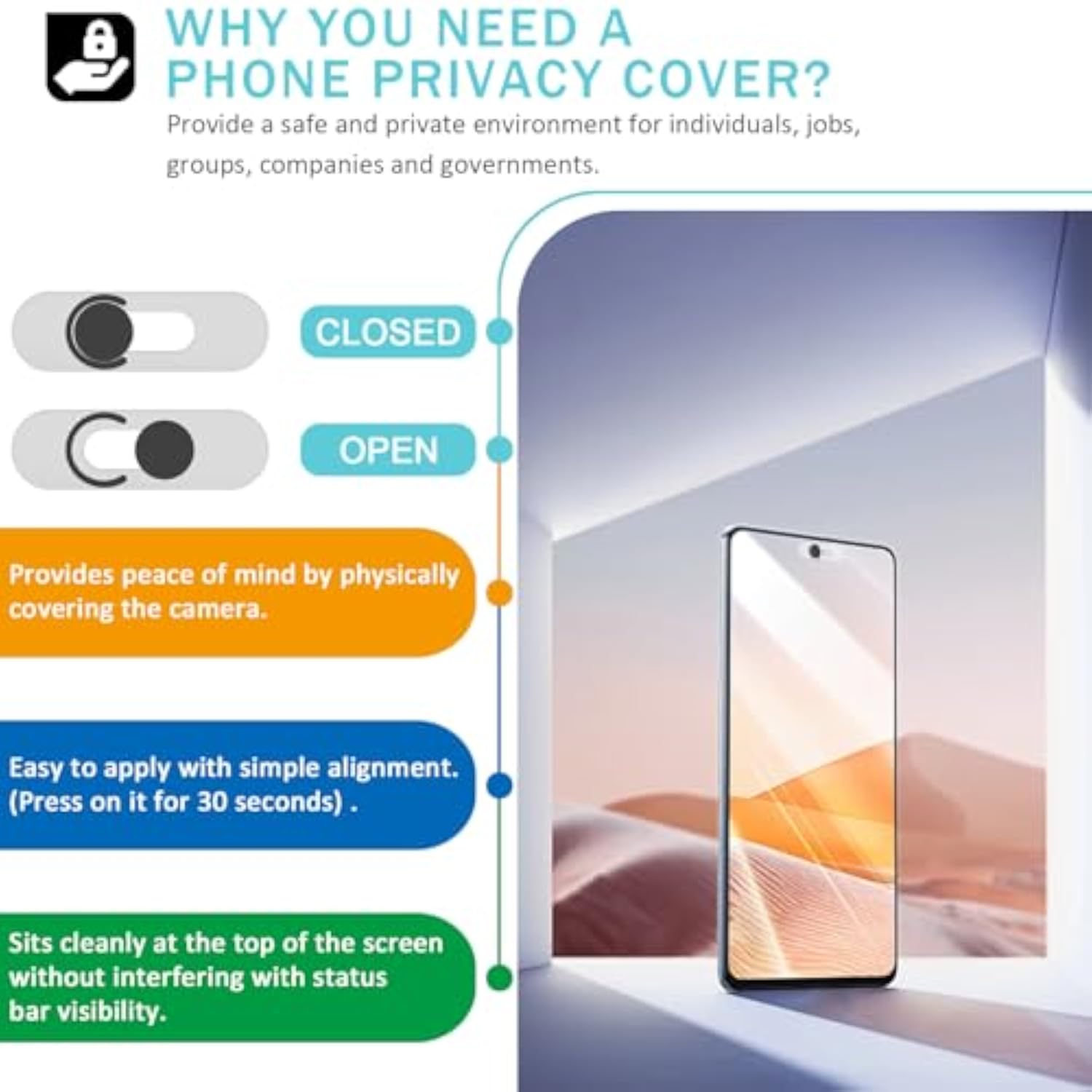 Front Camera Cover Compatible for Android Phones, Pixel, Galaxy, and iPad - Black