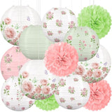 13Pcs Spring Wildflower Bridal Shower Party Decorations Rose Paper Lanterns Pom Poms Valentines Day Garden Home Indoor Outdoor Decor