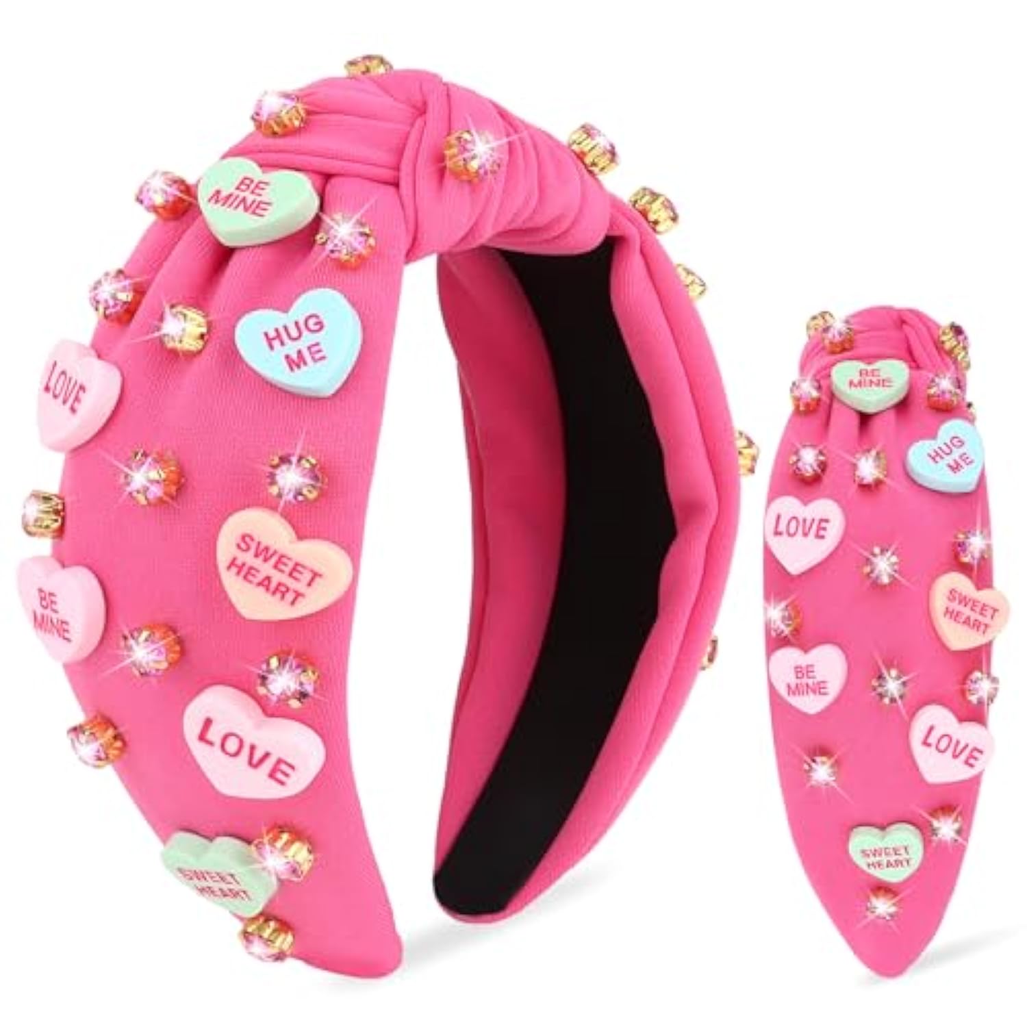 Valentines Day Headbands For Women Love Sweet Heart Headband Hot Pink Rhinestone Knotted Headband For Women Valentine Day Decorations Fashion Headband Hair Accessories