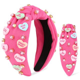 Valentines Day Headbands For Women Love Sweet Heart Headband Hot Pink Rhinestone Knotted Headband For Women Valentine Day Decorations Fashion Headband Hair Accessories