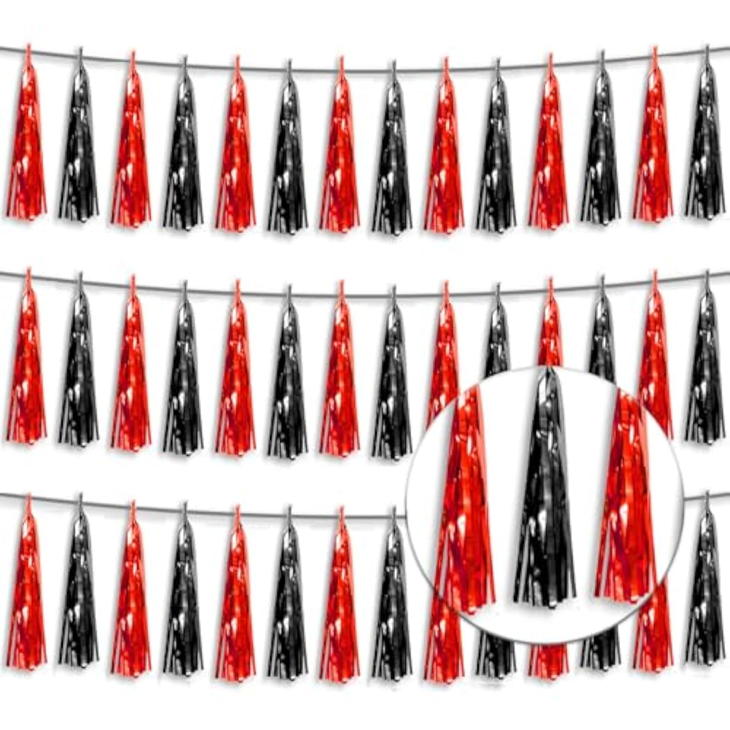 3P Metallic Fringe Tassel Banner Garland Foil Tinsel Streamer Wall Hanging Curtain Backdrop Banner For Parade Floats, Halloween Decorations, Christmas Day Party Decoration(Black Red)