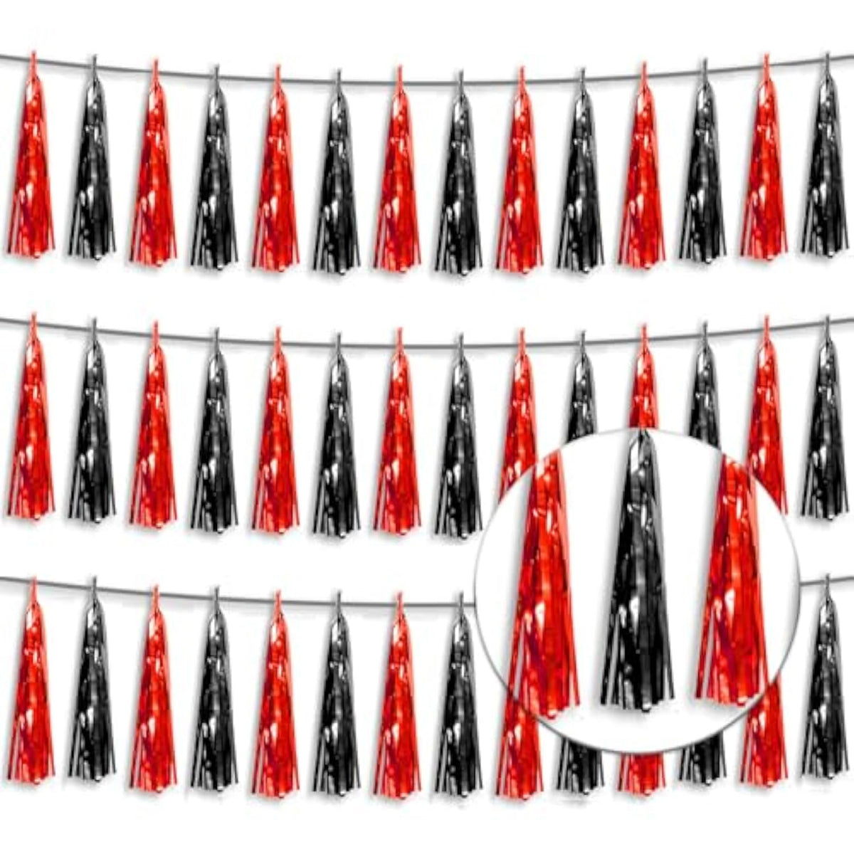 3P Metallic Fringe Tassel Banner Garland Foil Tinsel Streamer Wall Hanging Curtain Backdrop Banner For Parade Floats, Halloween Decorations, Christmas Day Party Decoration(Black Red)